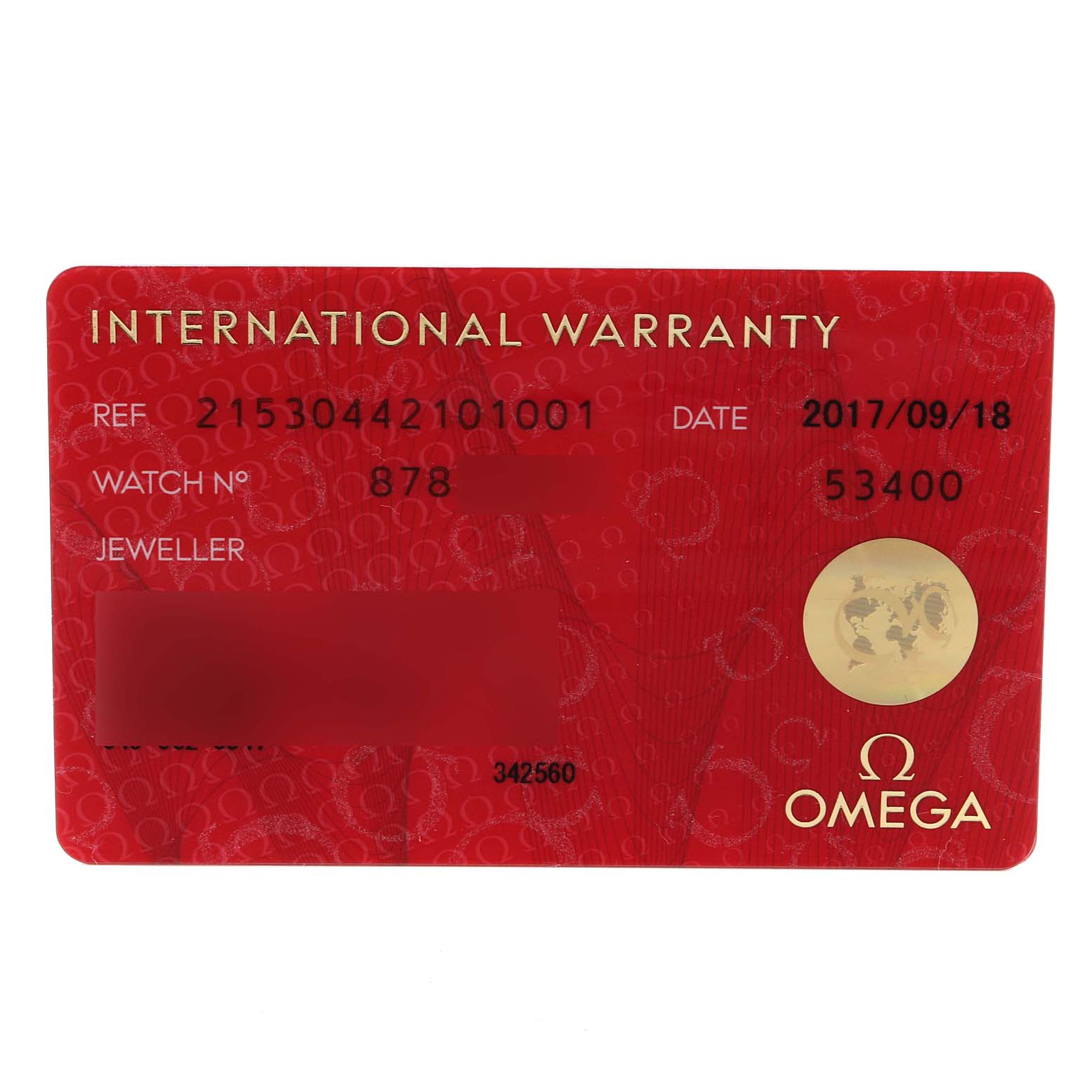 The image shows the front of the international warranty card for the Omega Planet Ocean 215.30.44.21.01.001 Men's Stainless Steel Black Dial 215.30.44.21.01.001 Men's Stainless Steel Black Dial watch model.