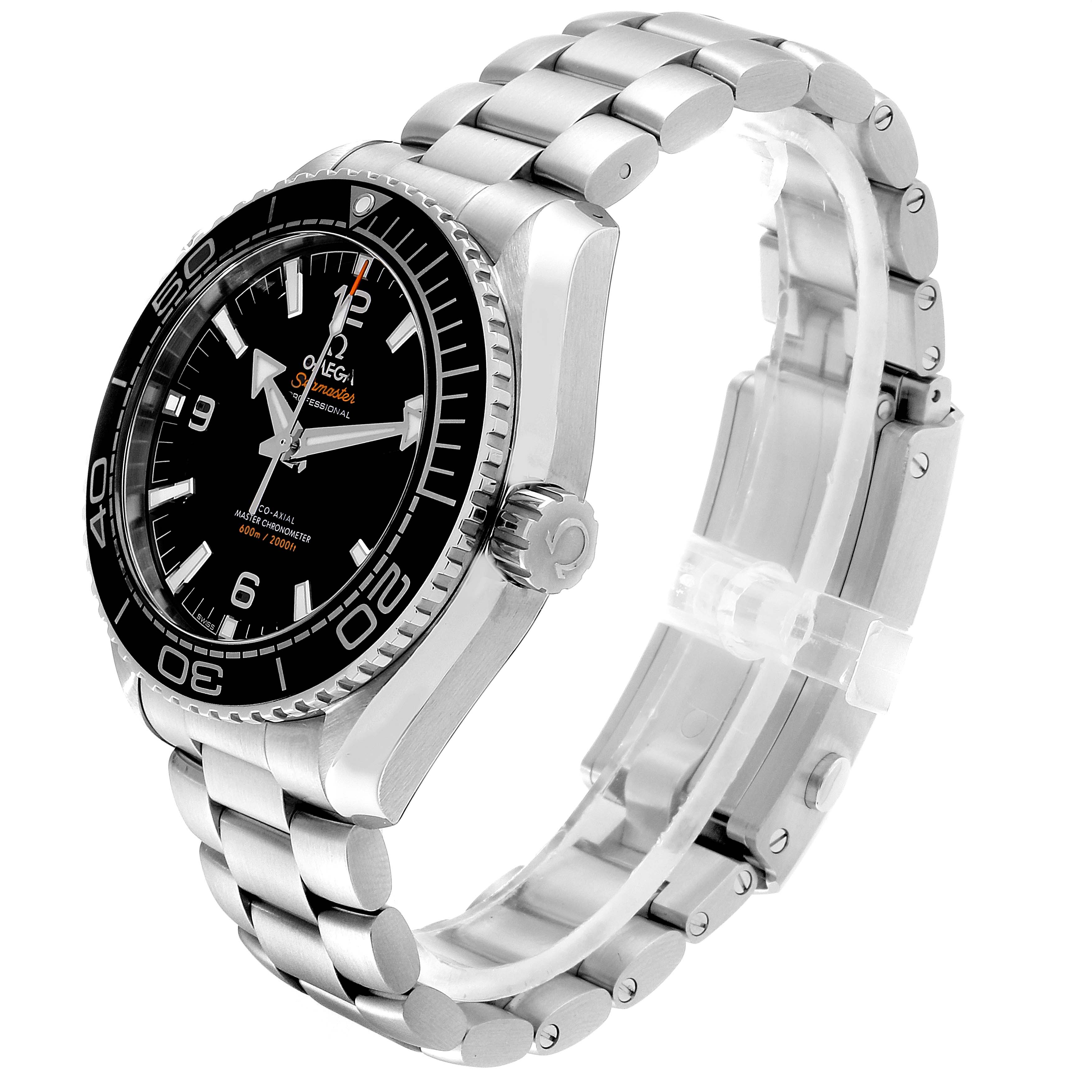 This is a side view of the Omega Planet Ocean 215.30.44.21.01.001 Men's Stainless Steel Black Dial 215.30.44.21.01.001 Men's Stainless Steel Black Dial watch, showing its face, bezel, crown, and stainless steel bracelet.