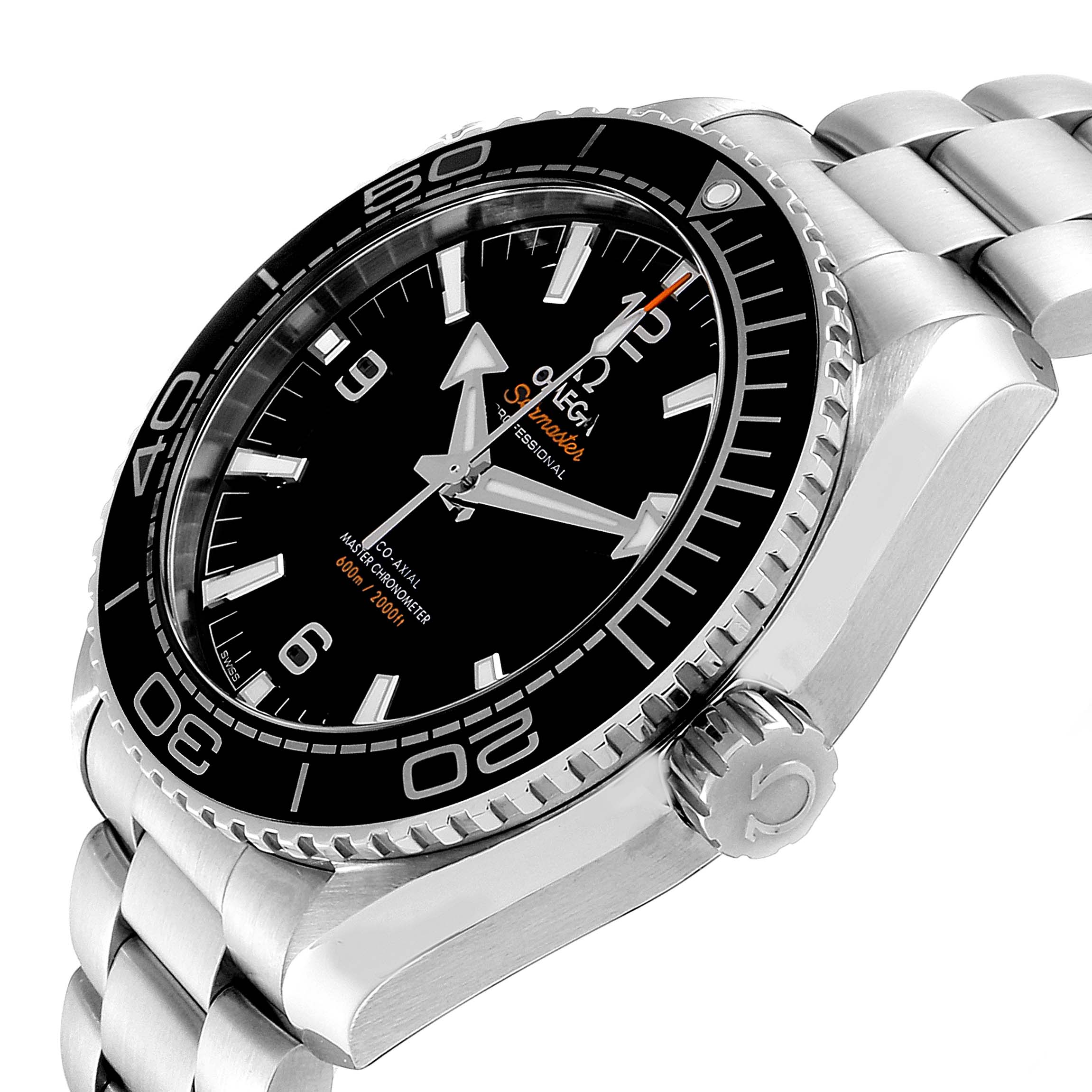 The image shows an angled view of the Omega Planet Ocean 215.30.44.21.01.001 Men's Stainless Steel Black Dial 215.30.44.21.01.001 Men's Stainless Steel Black Dial watch, highlighting its bezel, dial, and part of the metal bracelet.