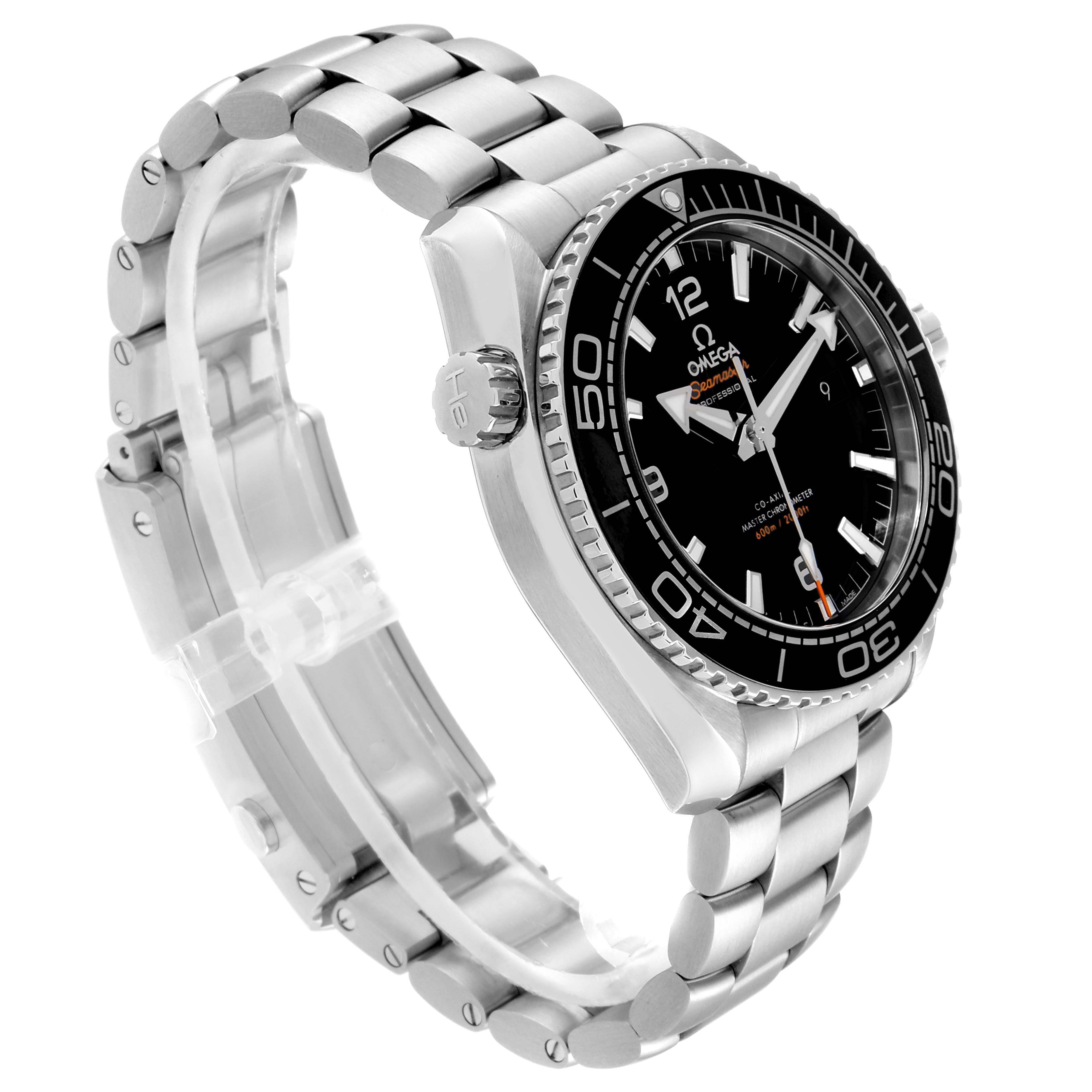 The image shows an Omega Planet Ocean 215.30.44.21.01.001 Men's Stainless Steel Black Dial 215.30.44.21.01.001 Men's Stainless Steel Black Dial watch at a three-quarter angle, highlighting the face, bezel, and metal bracelet.