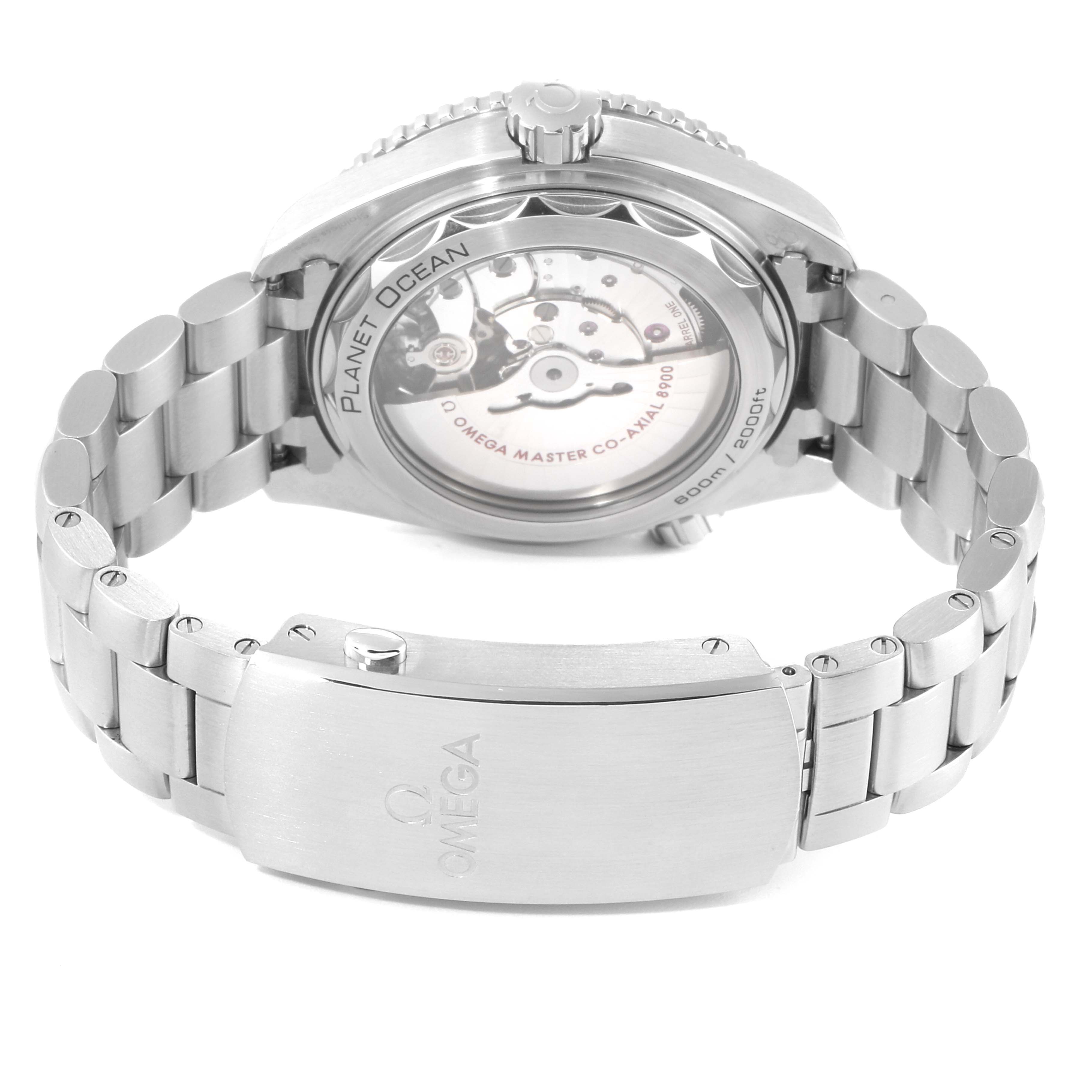 The image shows the back view of an Omega Planet Ocean 215.30.44.21.01.001 Men's Stainless Steel Black Dial 215.30.44.21.01.001 Men's Stainless Steel Black Dial watch, highlighting its open case back and metal bracelet.