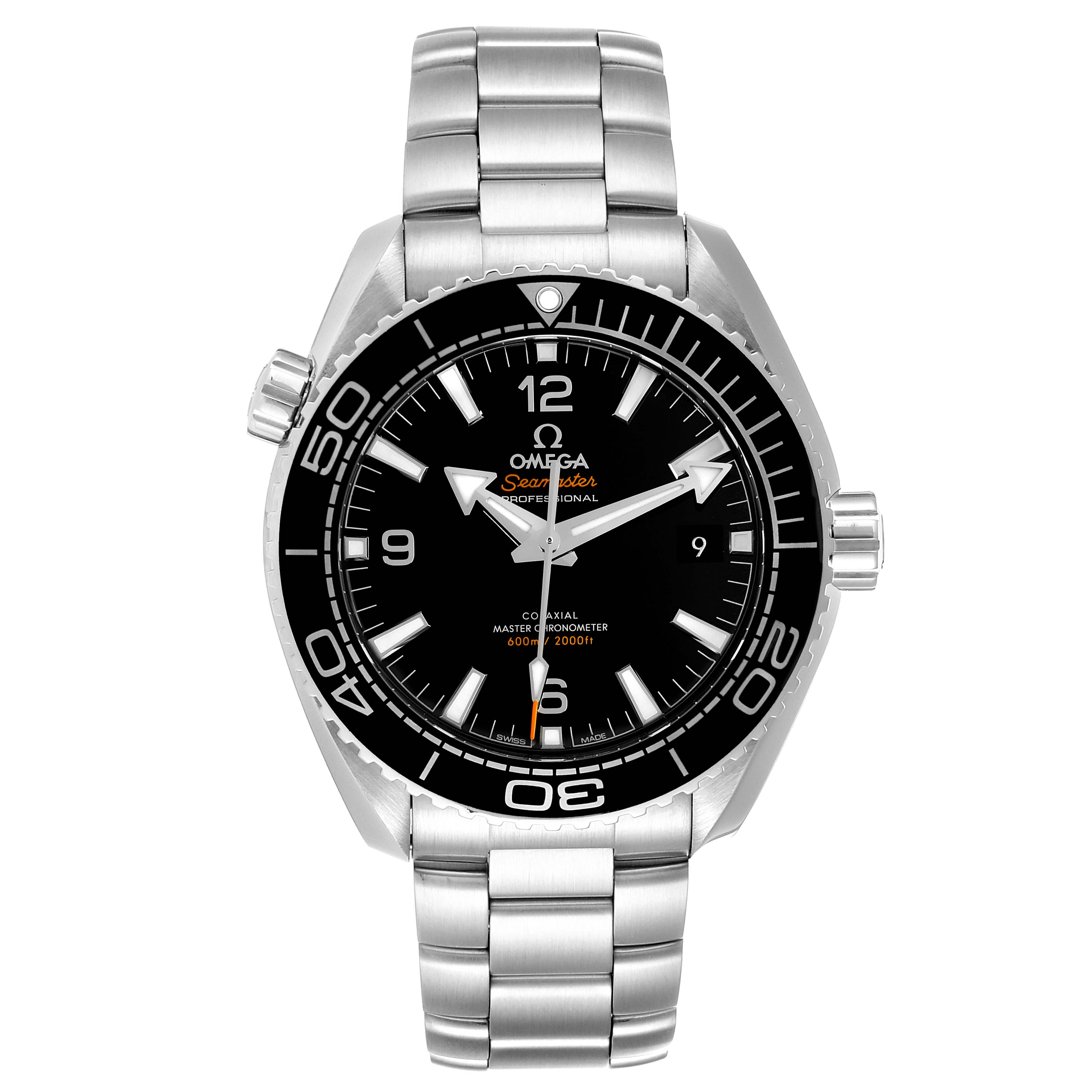 The image shows a front view of the Omega Planet Ocean 215.30.44.21.01.001 Men's Stainless Steel Black Dial 215.30.44.21.01.001 Men's Stainless Steel Black Dial model watch, highlighting the dial, bezel, and metal bracelet.