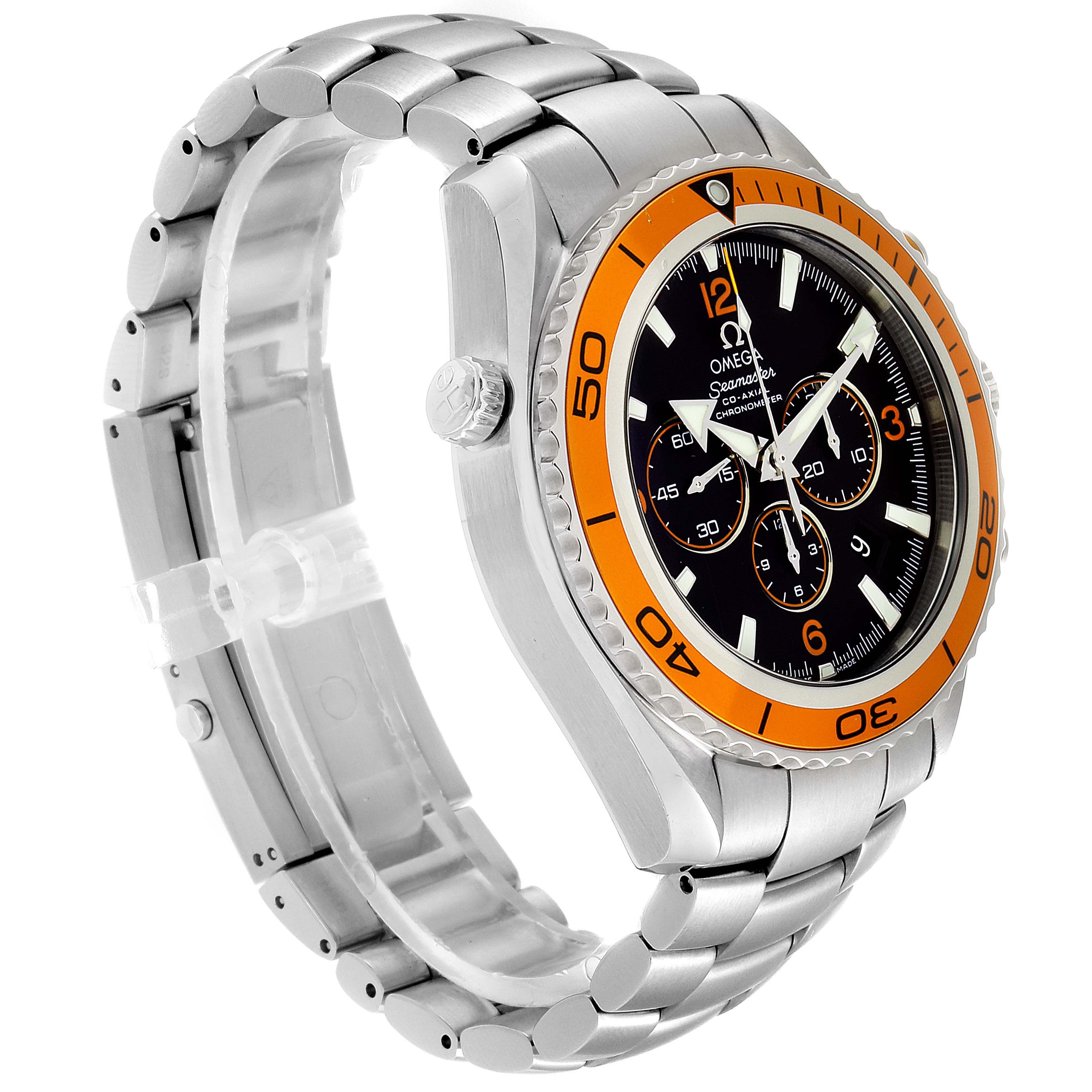This Omega Planet Ocean 2218.50.00 Men's Stainless Steel Black Dial 2218.50.00 Men's Stainless Steel Black Dial watch is shown at an angled side view, highlighting the bracelet, orange bezel, and chronograph dial.