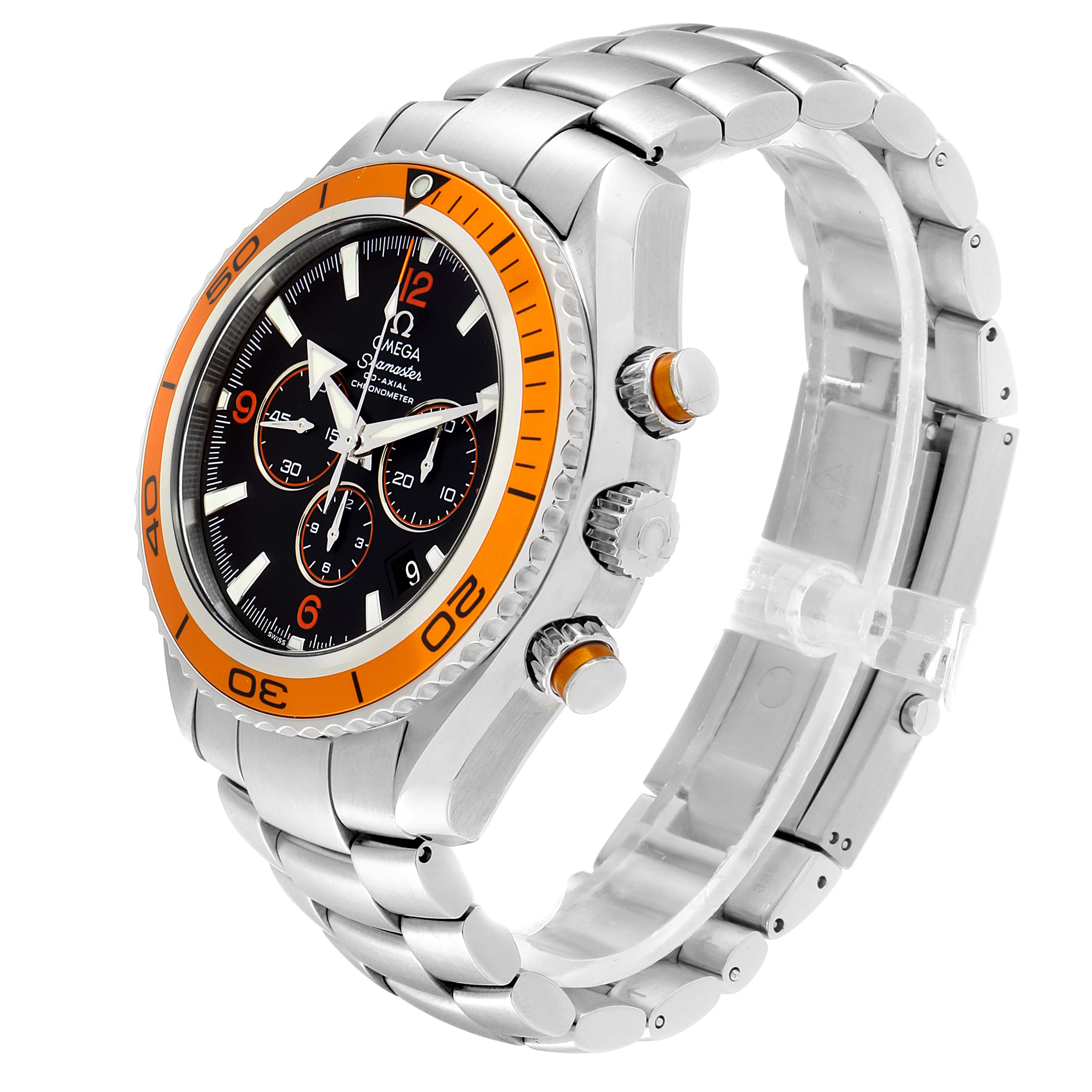 The Omega Planet Ocean 2218.50.00 Men's Stainless Steel Black Dial 2218.50.00 Men's Stainless Steel Black Dial watch is shown at a 3/4 angle, highlighting its orange bezel, black dial, and stainless steel bracelet.