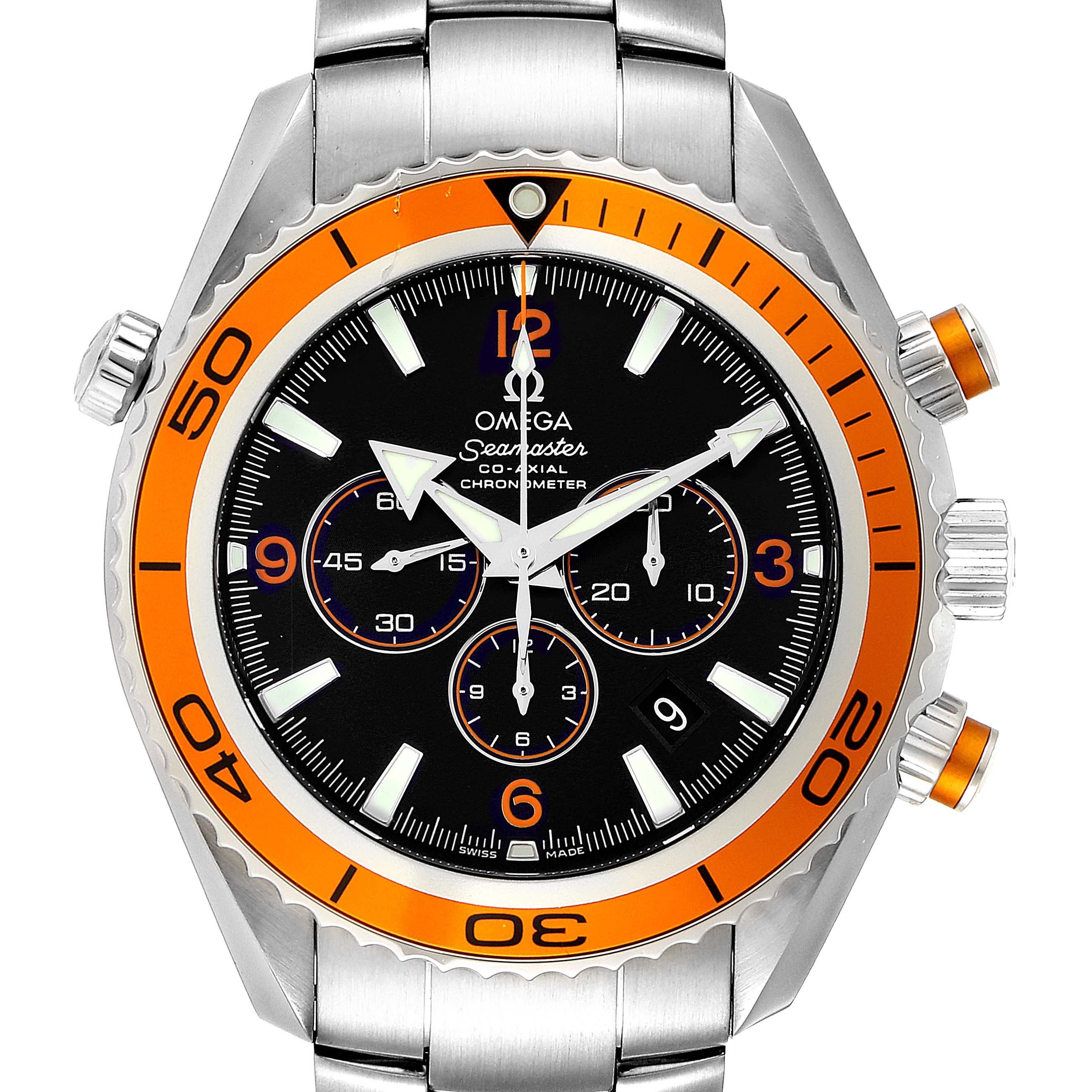 The image shows a front view of an Omega Planet Ocean 2218.50.00 Men's Stainless Steel Black Dial 2218.50.00 Men's Stainless Steel Black Dial Seamaster watch, highlighting the dial, bezel, crown, and pushers.