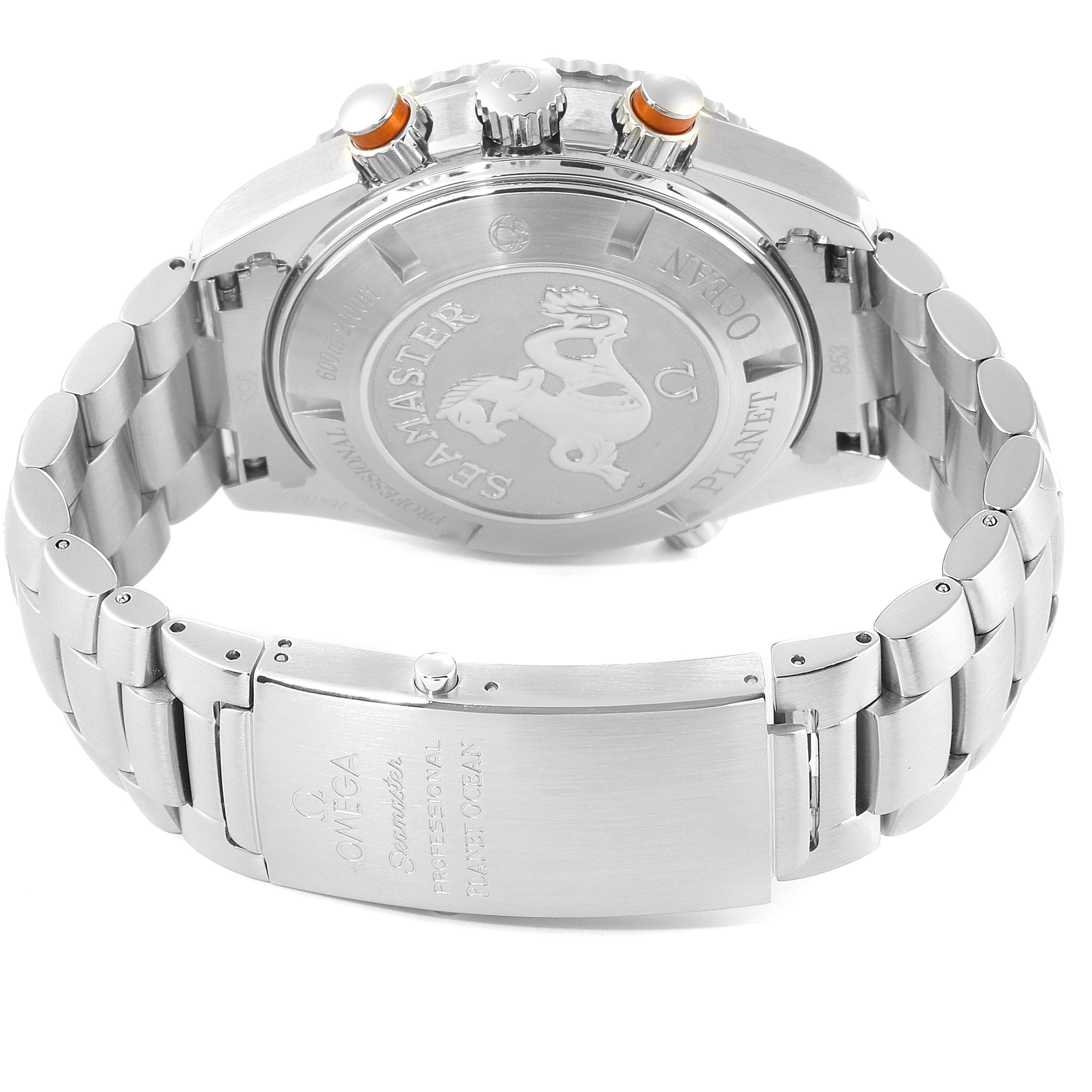 This image shows the back case and clasp of the Omega Seamaster Planet Ocean model watch.