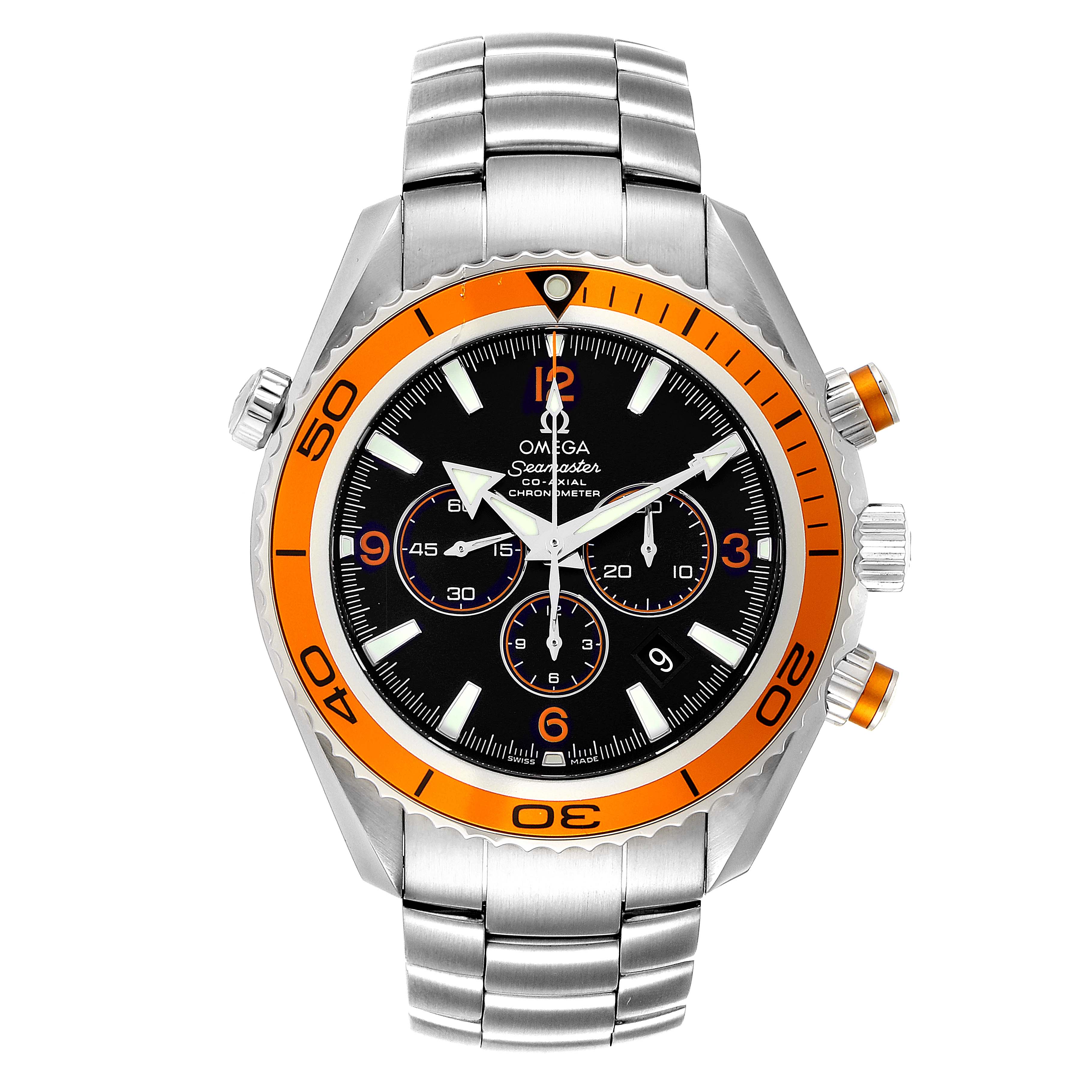 The image shows a front view of an Omega Planet Ocean 2218.50.00 Men's Stainless Steel Black Dial 2218.50.00 Men's Stainless Steel Black Dial watch, featuring its orange bezel, chronograph subdials, and stainless steel bracelet.