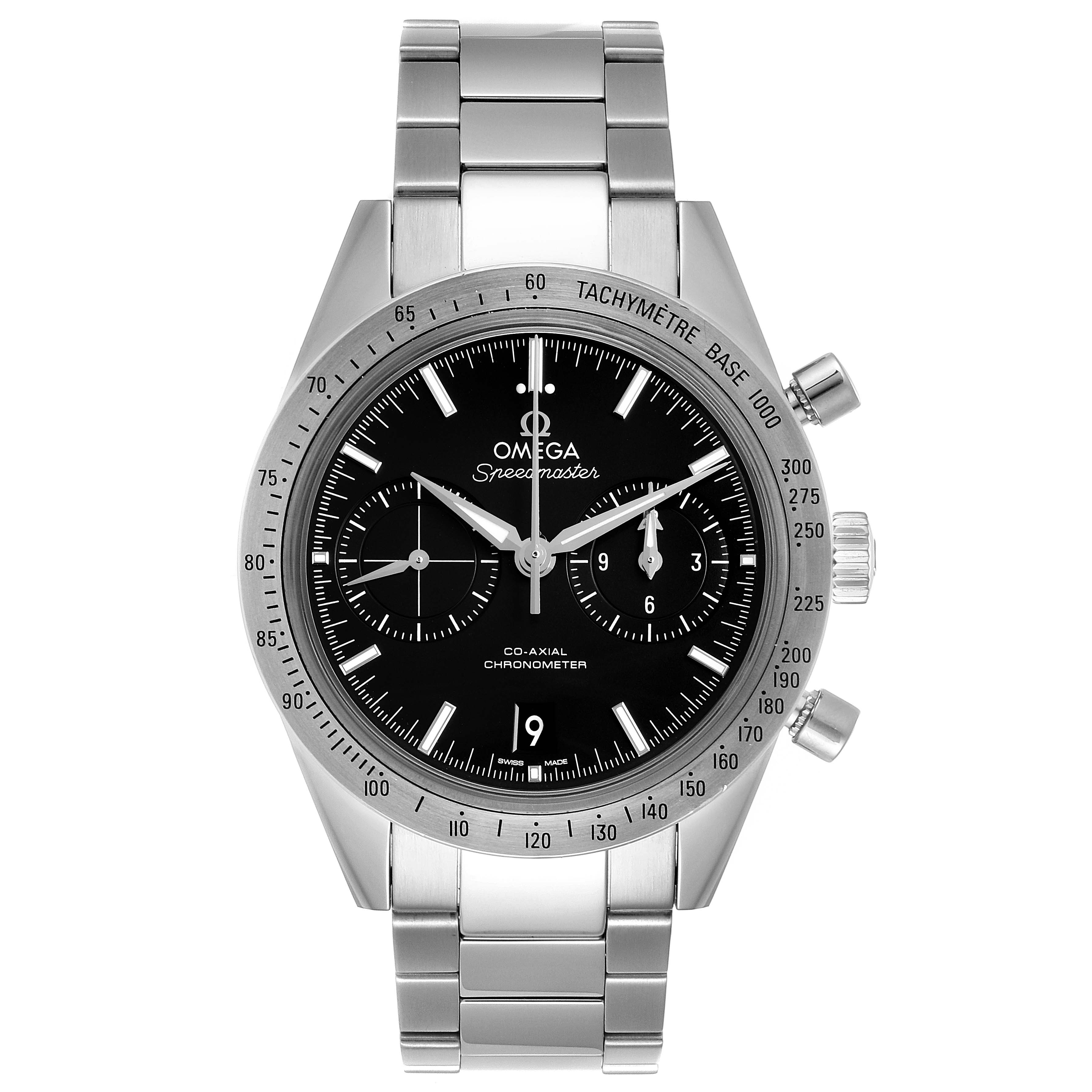 This image displays a front view of the Omega Speedmaster 331.10.42.51.01.001 Men's Stainless Steel Black Dial 331.10.42.51.01.001 Men's Stainless Steel Black Dial watch, showcasing its face, tachymeter bezel, and stainless steel bracelet.