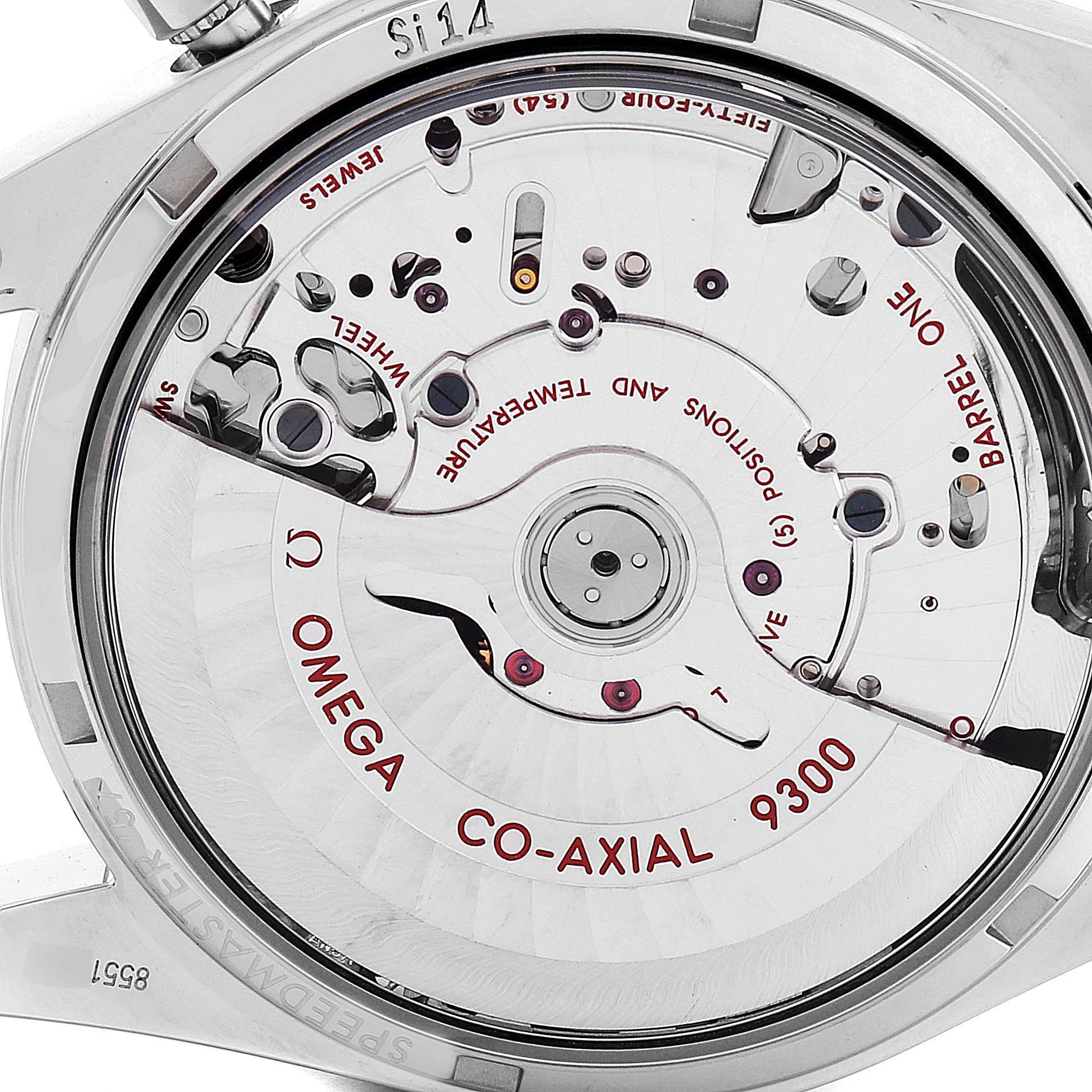 The image shows the Omega Speedmaster 331.10.42.51.01.001 Men's Stainless Steel Black Dial 331.10.42.51.01.001 Men's Stainless Steel Black Dial's Co-Axial 9300 movement, viewed through the transparent case back.