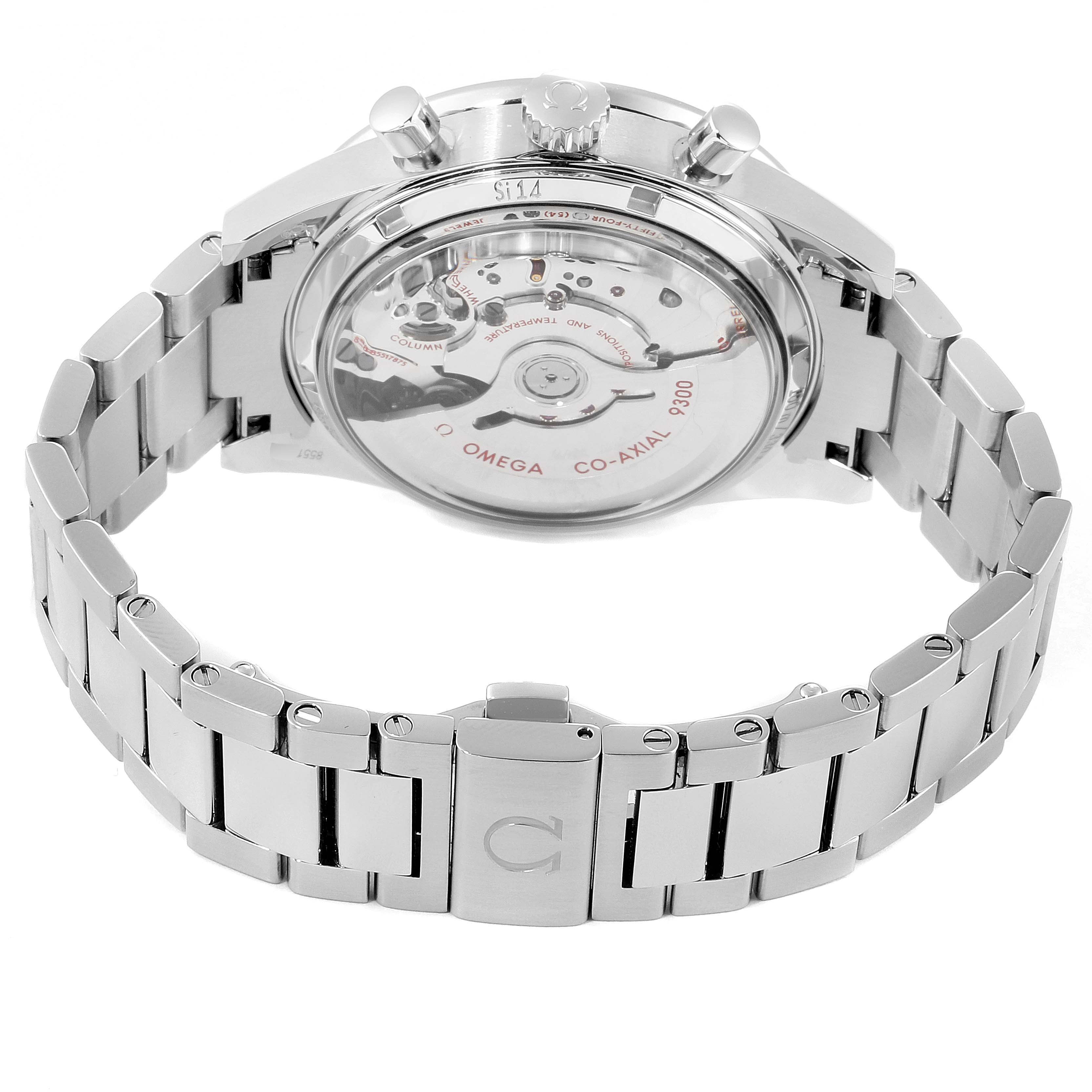 The image shows the Omega Speedmaster 331.10.42.51.01.001 Men's Stainless Steel Black Dial 331.10.42.51.01.001 Men's Stainless Steel Black Dial watch from the back, highlighting its movement and stainless steel bracelet.