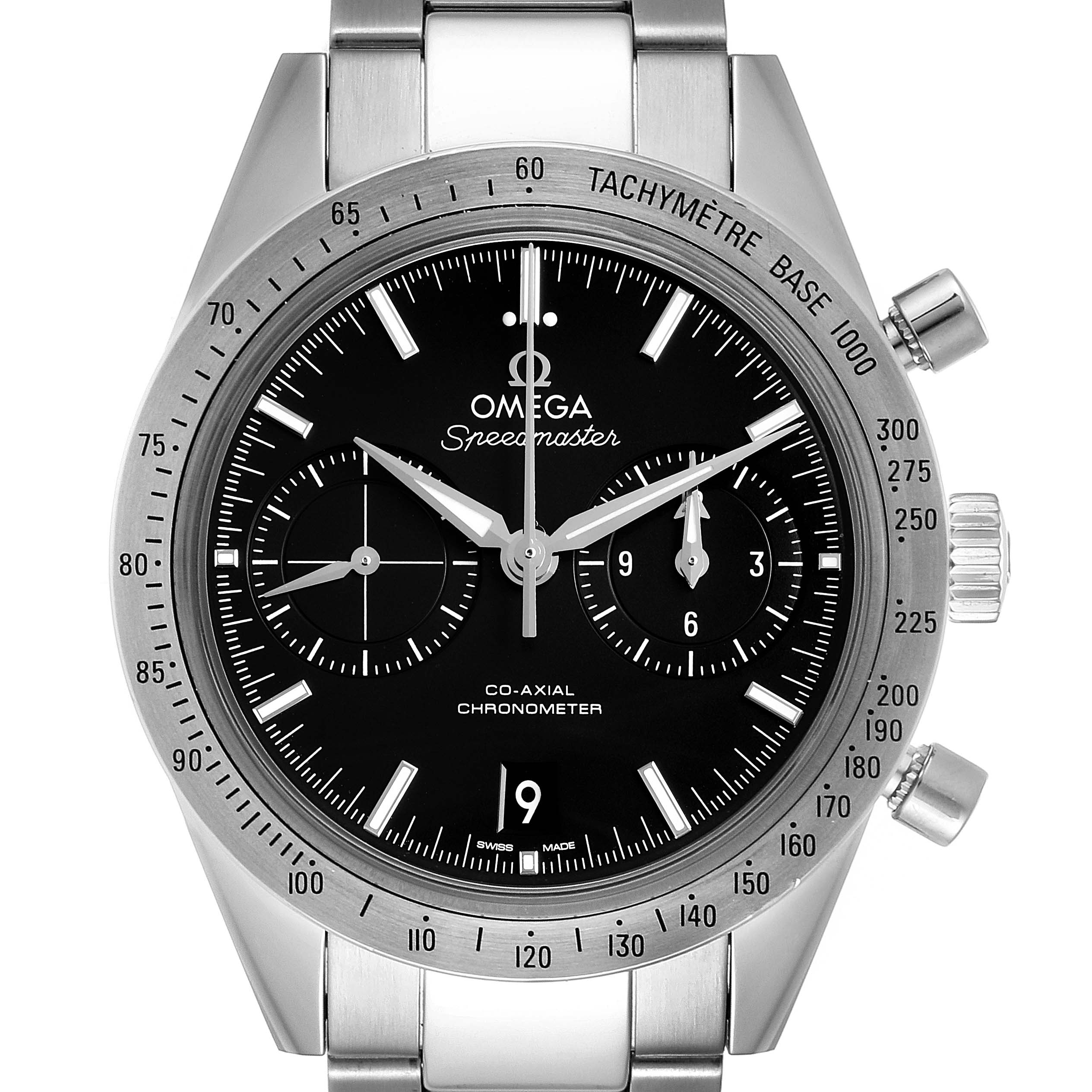 This is a front view of an Omega Speedmaster 331.10.42.51.01.001 Men's Stainless Steel Black Dial 331.10.42.51.01.001 Men's Stainless Steel Black Dial watch displaying the dial, bezel, and parts of the bracelet.