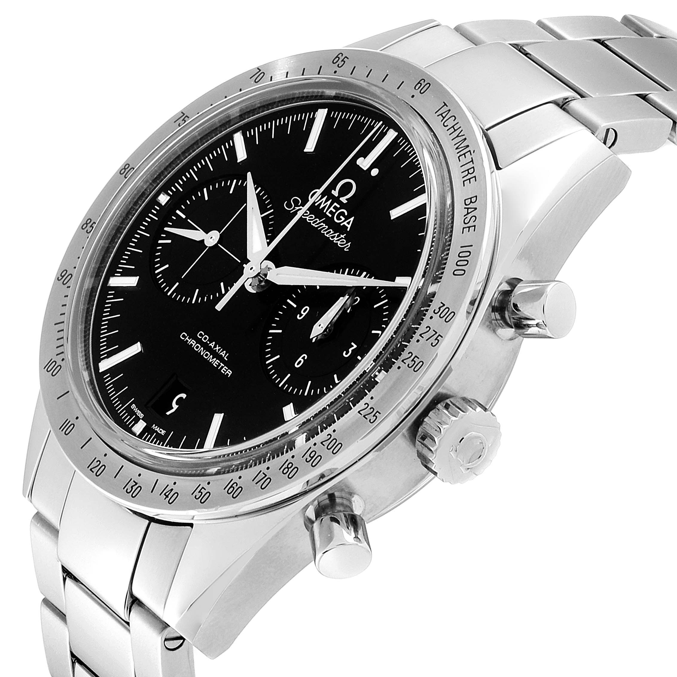 The Omega Speedmaster 331.10.42.51.01.001 Men's Stainless Steel Black Dial 331.10.42.51.01.001 Men's Stainless Steel Black Dial watch is shown at a slight angle highlighting its black dial, markings, side buttons, and stainless steel bracelet.