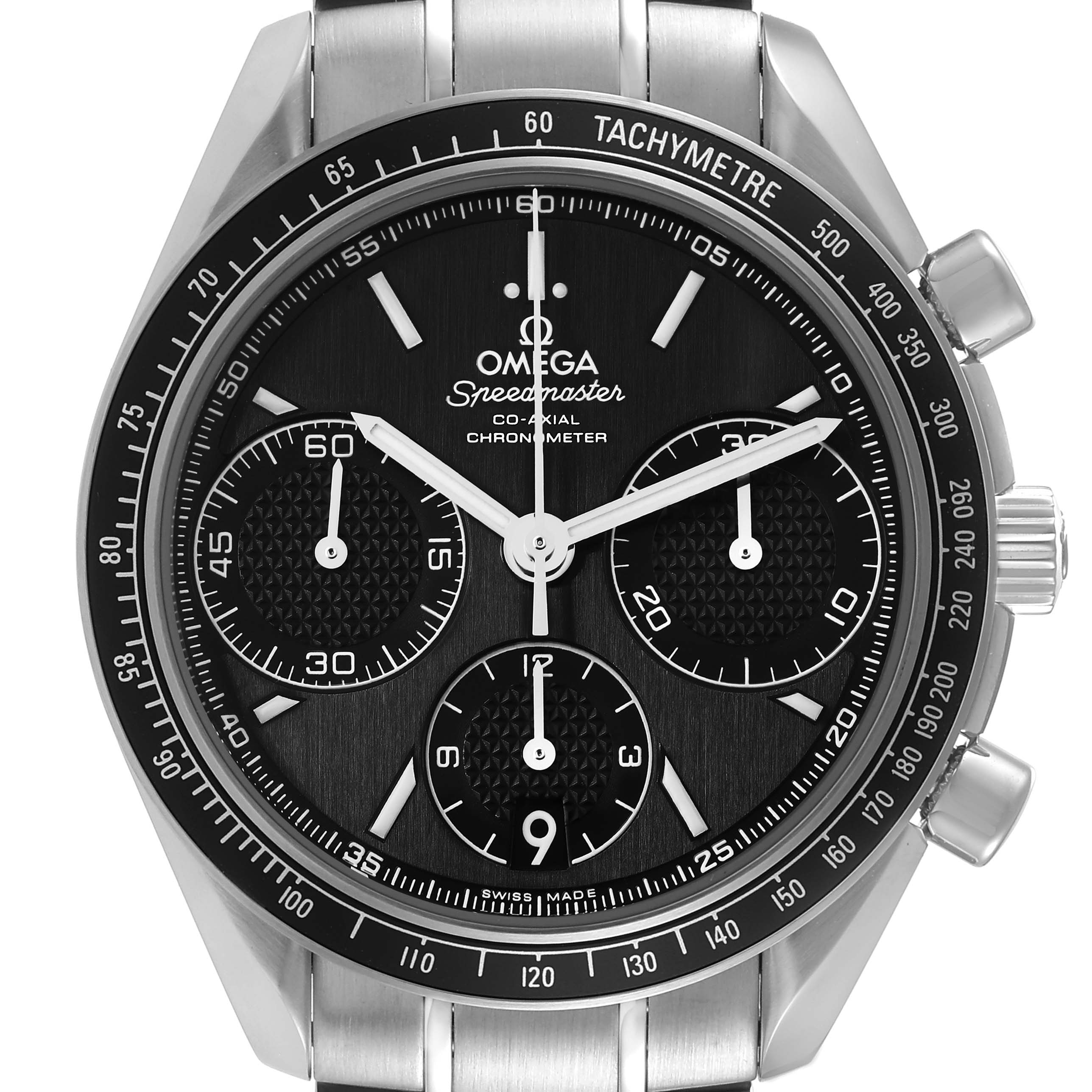 This image shows a front view of an Omega Speedmaster 326.30.40.50.01.001 Men's Stainless Steel Black Dial 326.30.40.50.01.001 Men's Stainless Steel Black Dial watch detailing the dial, subdials, tachymeter bezel, and stainless steel bracelet.