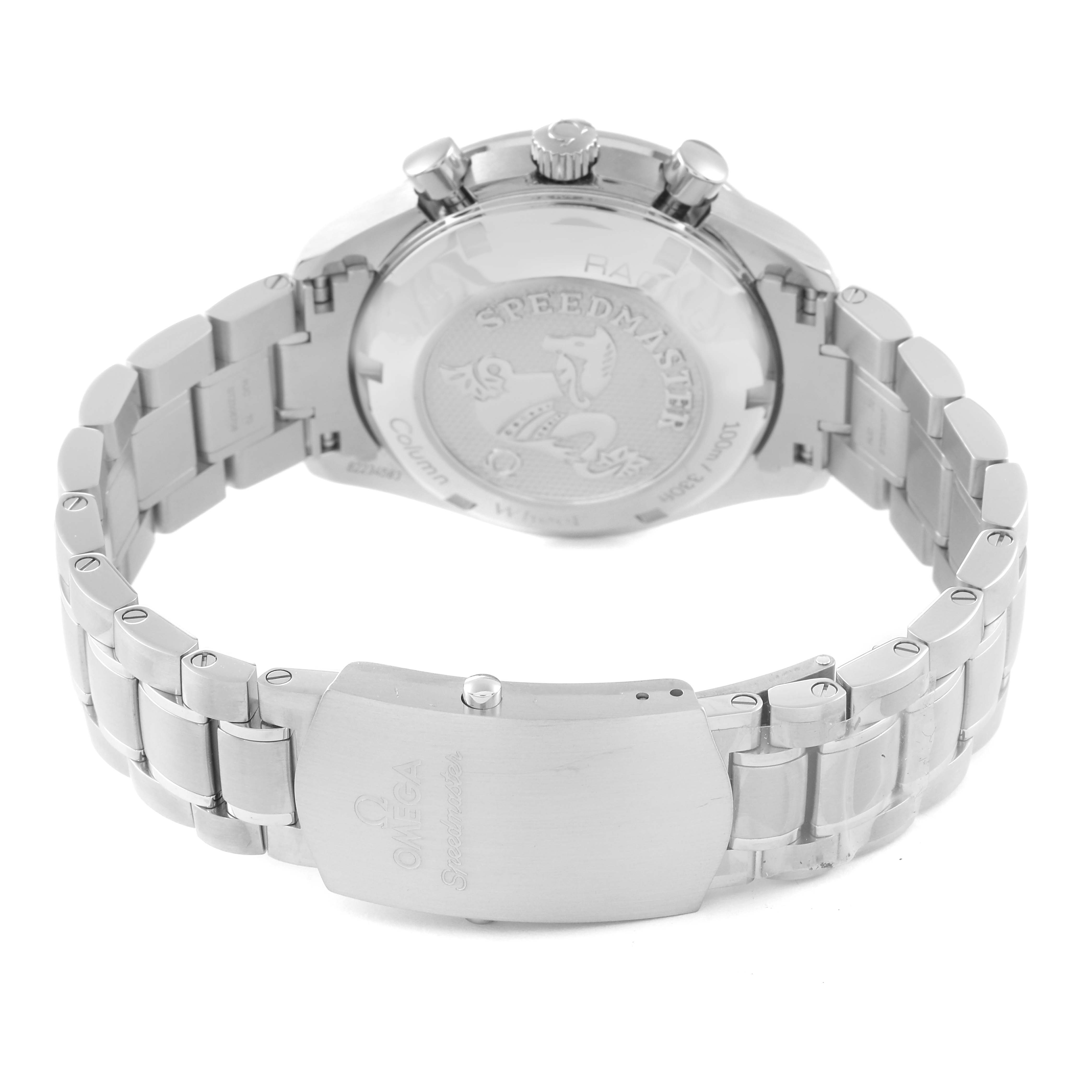 The image shows the back and clasp of an Omega Speedmaster 326.30.40.50.01.001 Men's Stainless Steel Black Dial 326.30.40.50.01.001 Men's Stainless Steel Black Dial watch, highlighting its engraving and metal bracelet.