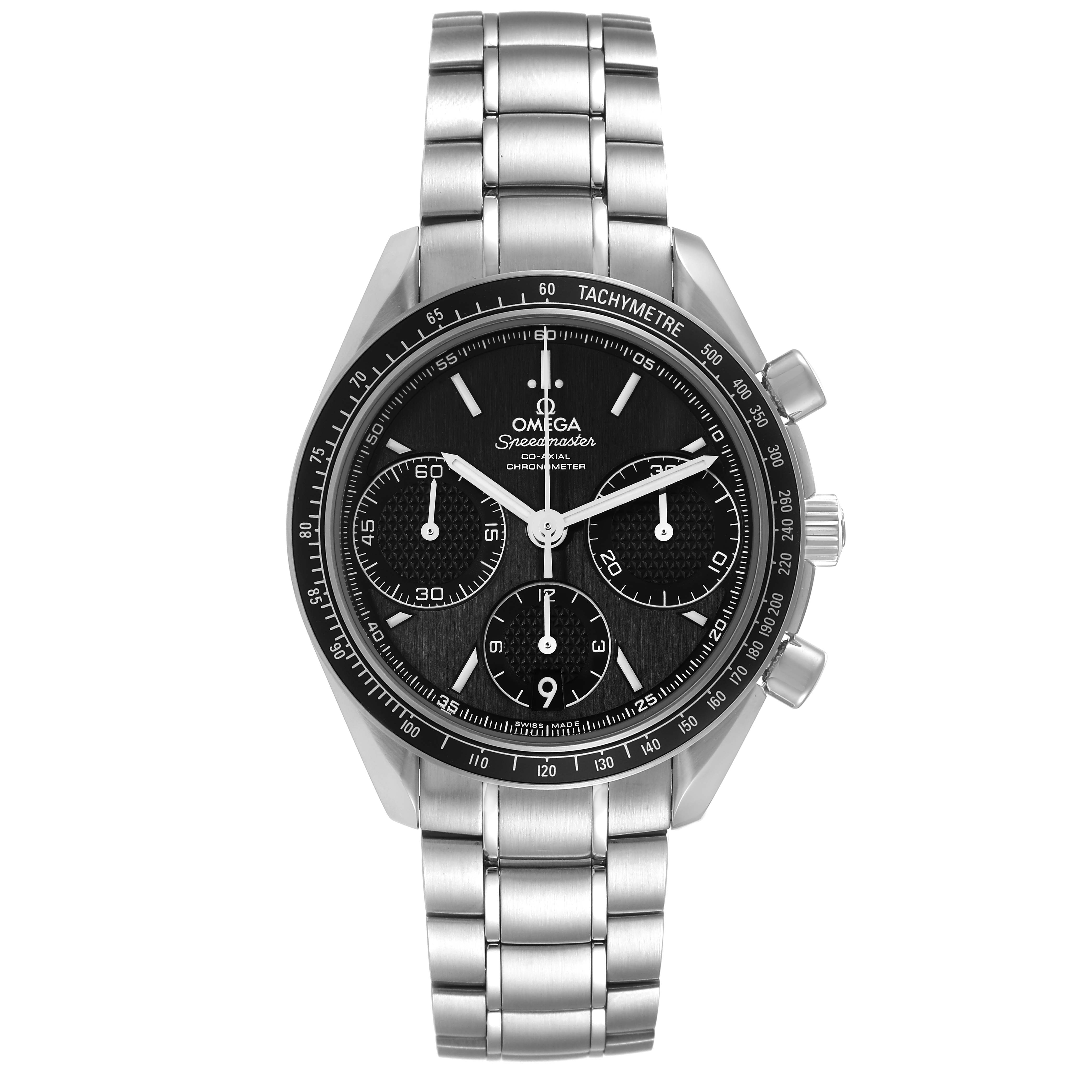 This image shows a front view of an Omega Speedmaster 326.30.40.50.01.001 Men's Stainless Steel Black Dial 326.30.40.50.01.001 Men's Stainless Steel Black Dial watch, highlighting its stainless steel bracelet and chronograph dial.