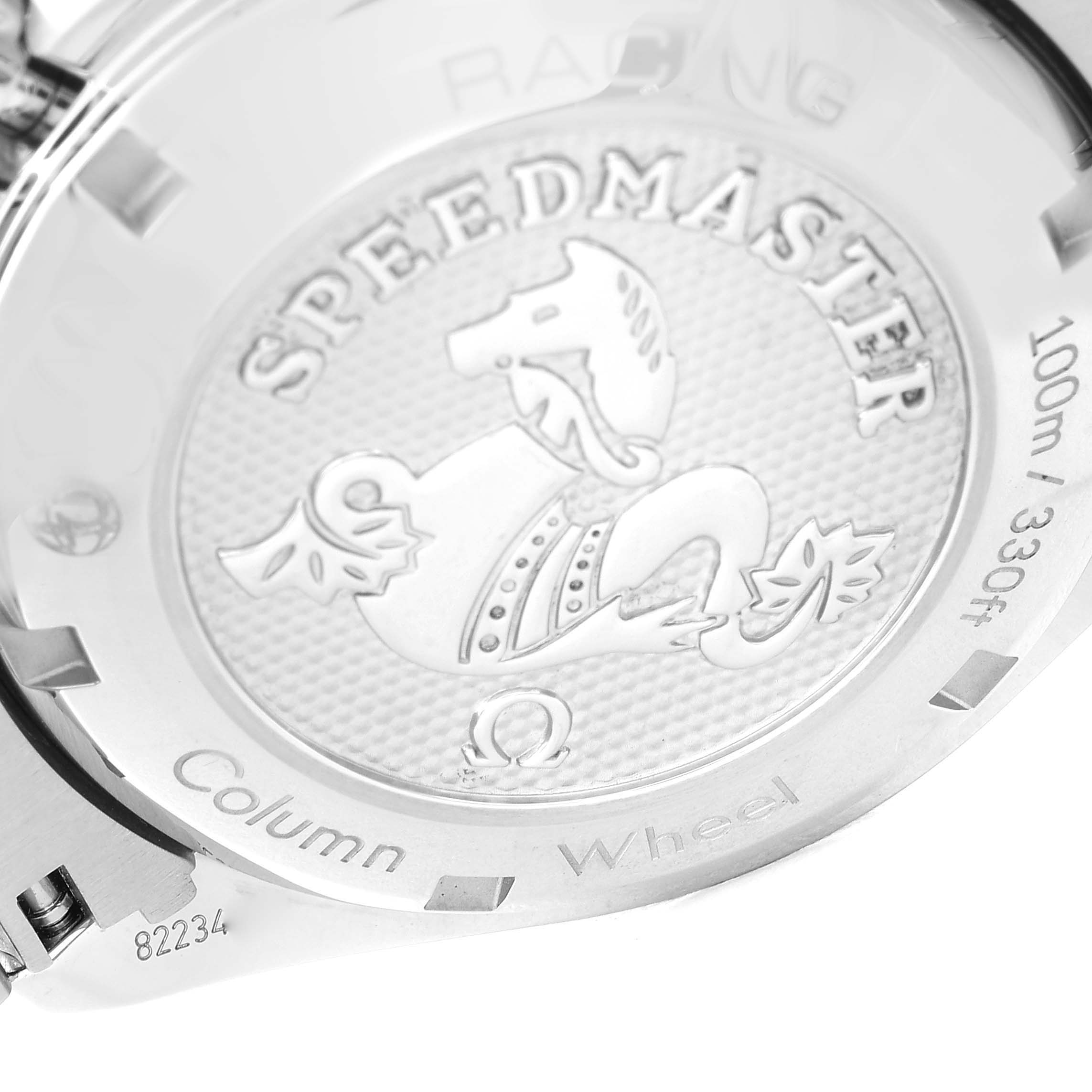 This image shows the case back of an Omega Speedmaster 326.30.40.50.01.001 Men's Stainless Steel Black Dial 326.30.40.50.01.001 Men's Stainless Steel Black Dial watch, featuring engraved detailing and specifications.