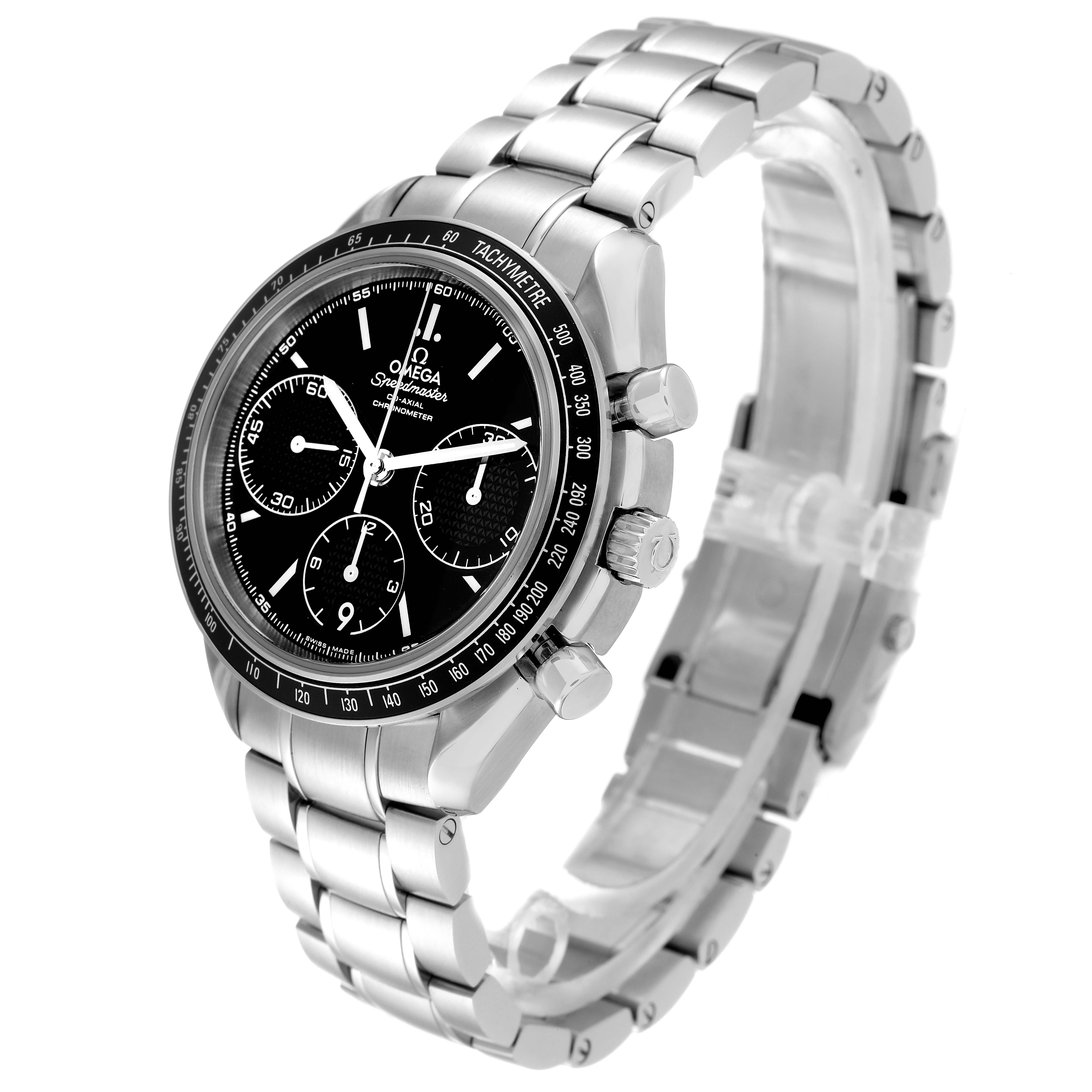 The Omega Speedmaster 326.30.40.50.01.001 Men's Stainless Steel Black Dial 326.30.40.50.01.001 Men's Stainless Steel Black Dial watch is shown in a three-quarter angle, highlighting its face, bezel, and stainless steel bracelet.
