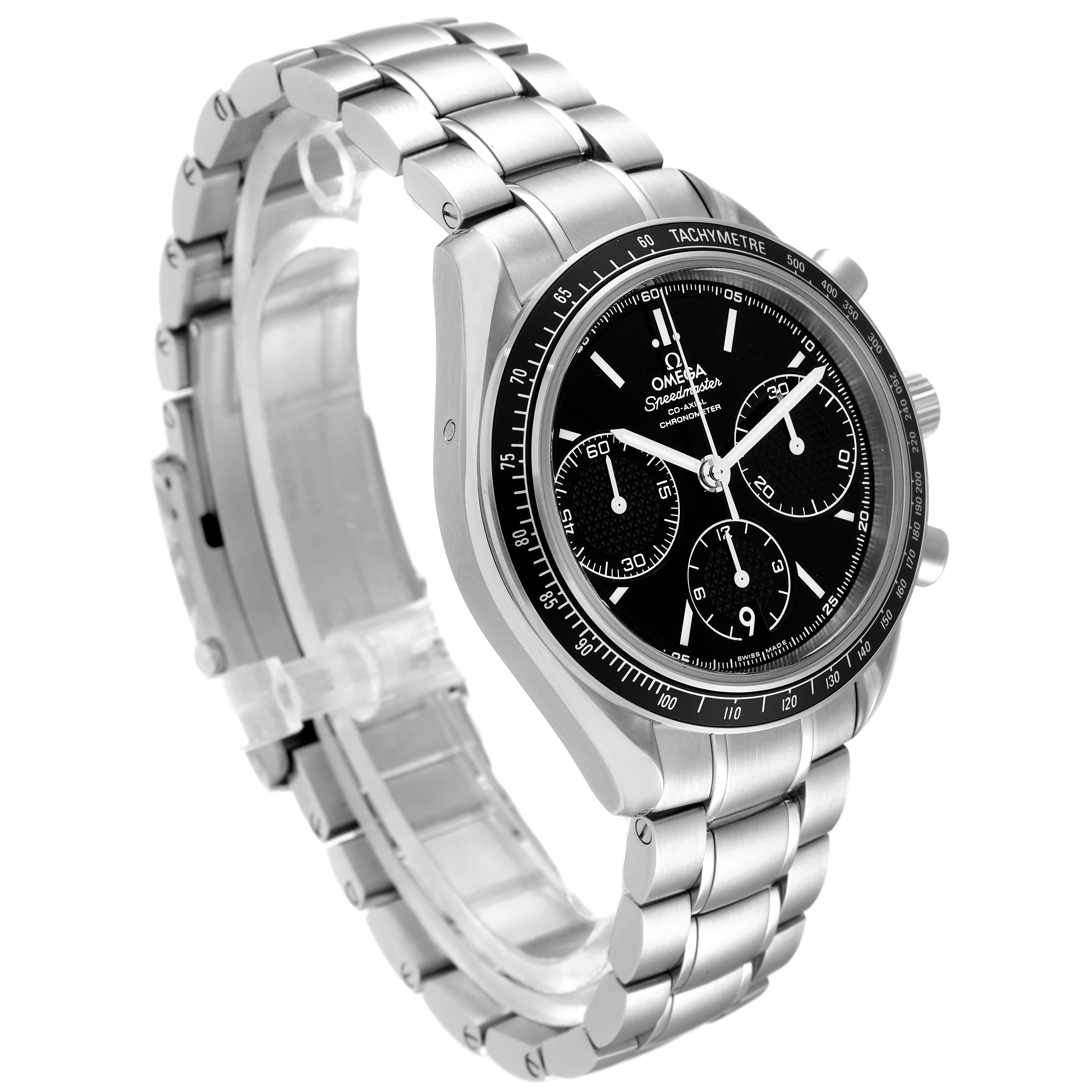 The image shows an angled view of the Omega Speedmaster 326.30.40.50.01.001 Men's Stainless Steel Black Dial 326.30.40.50.01.001 Men's Stainless Steel Black Dial watch, highlighting the face, bezel, and stainless steel bracelet.