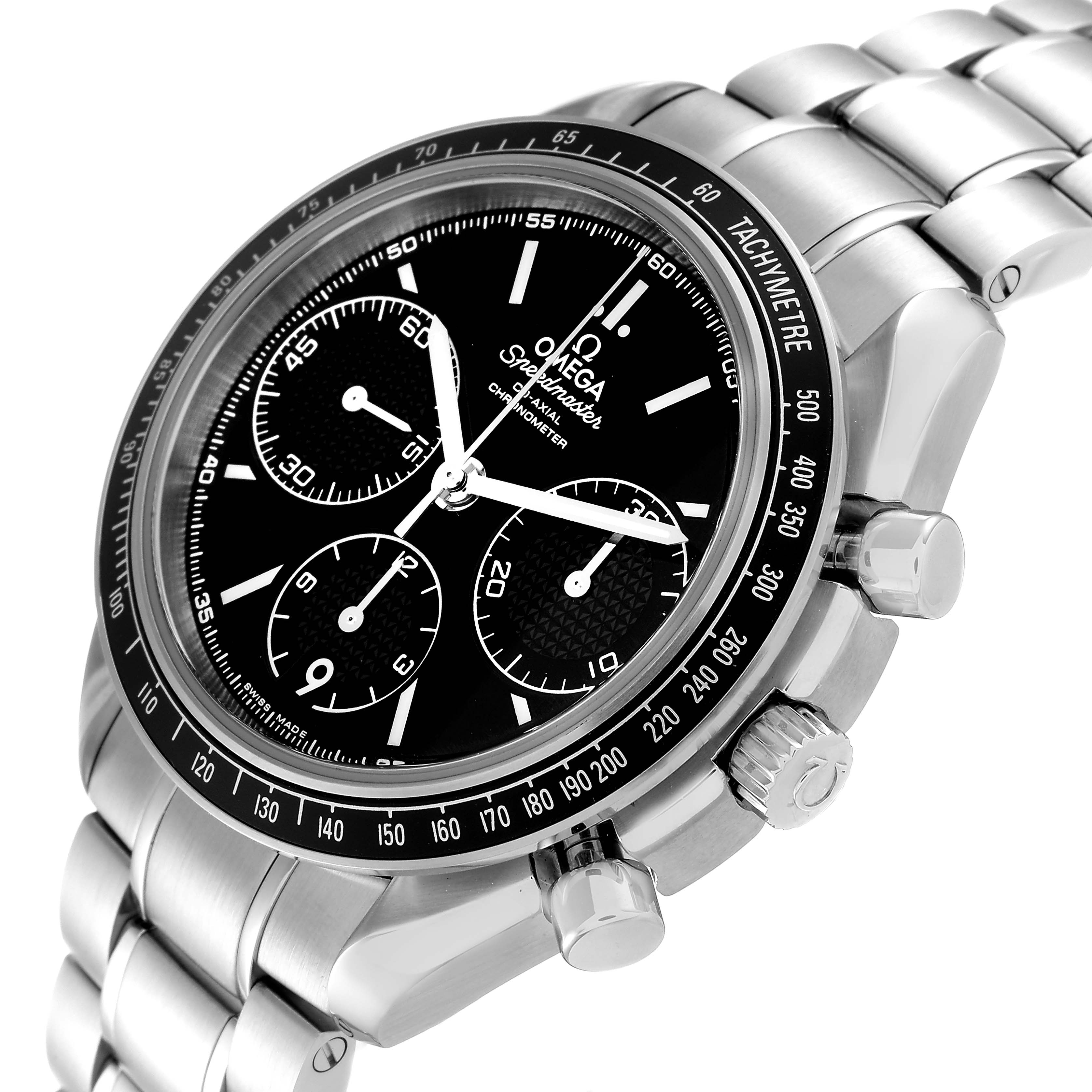 The image shows a close-up, angled view of an Omega Speedmaster 326.30.40.50.01.001 Men's Stainless Steel Black Dial 326.30.40.50.01.001 Men's Stainless Steel Black Dial watch, highlighting the face, bezel, crown, and pushers.