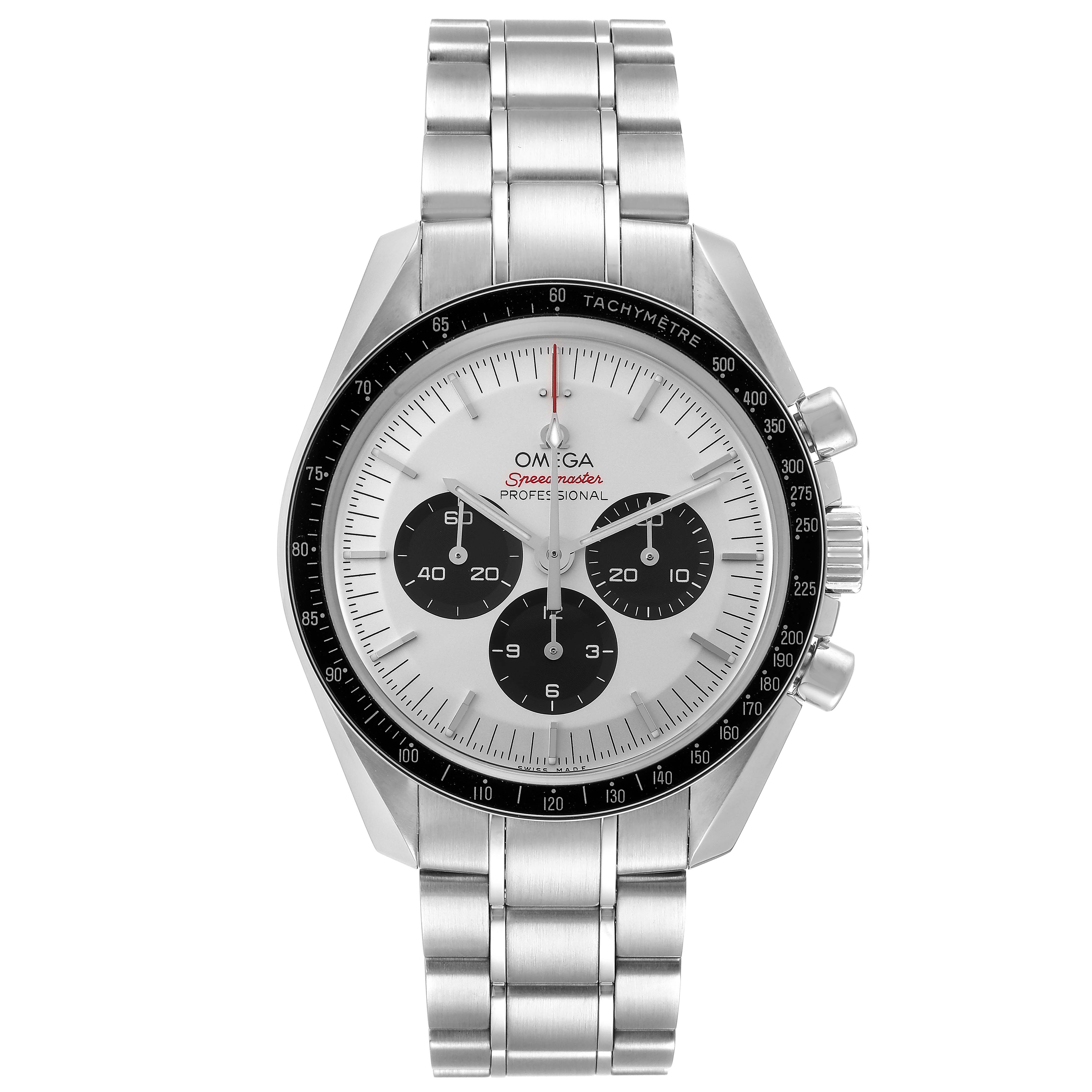 The image shows a front view of the Omega Speedmaster 522.30.42.30.04.001 Men's Stainless Steel White Dial 522.30.42.30.04.001 Men's Stainless Steel White Dial watch, displaying its face, bezel, and metal bracelet.