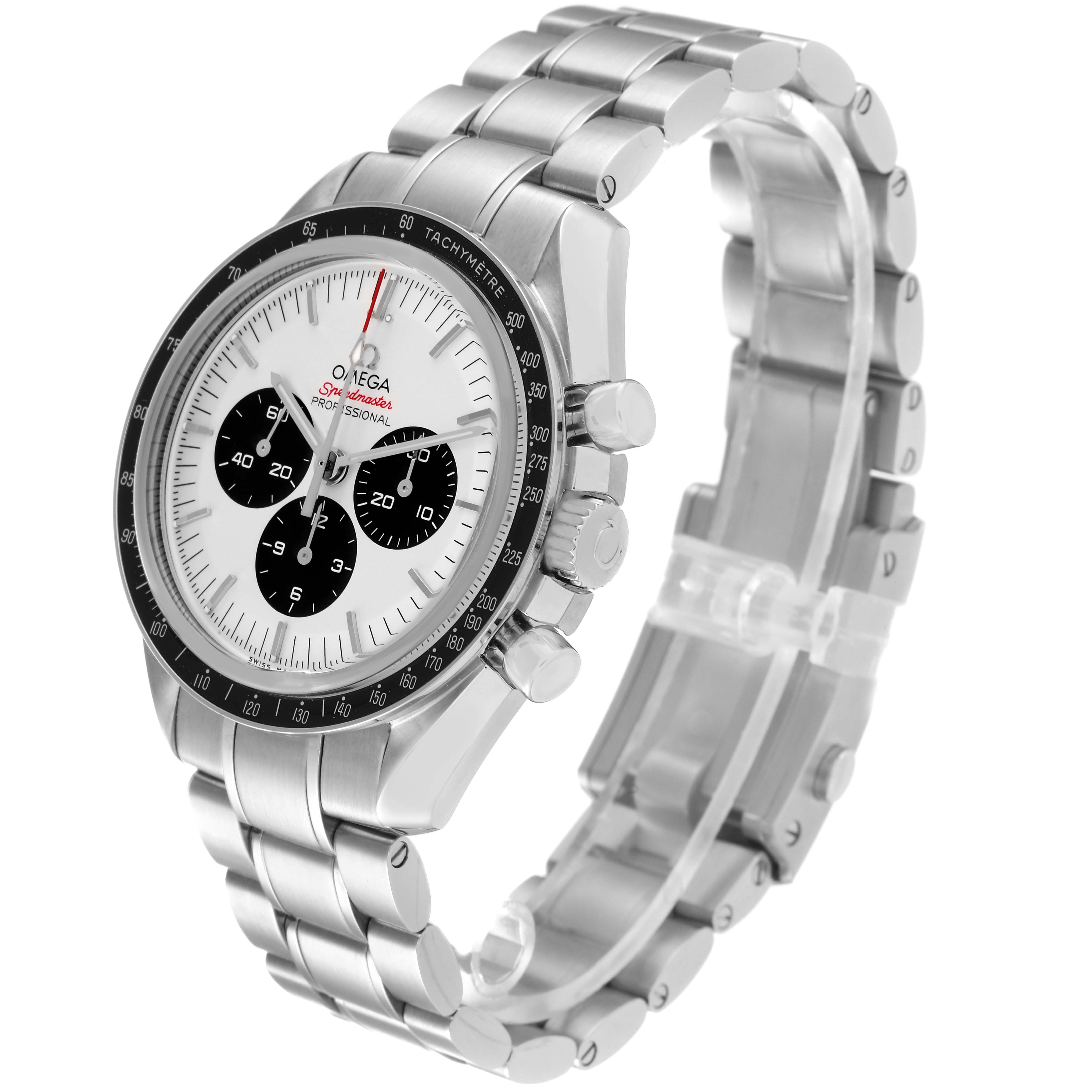 This image shows an Omega Speedmaster 522.30.42.30.04.001 Men's Stainless Steel White Dial 522.30.42.30.04.001 Men's Stainless Steel White Dial watch from a three-quarter angle, highlighting its face, tachymeter bezel, and metal bracelet.