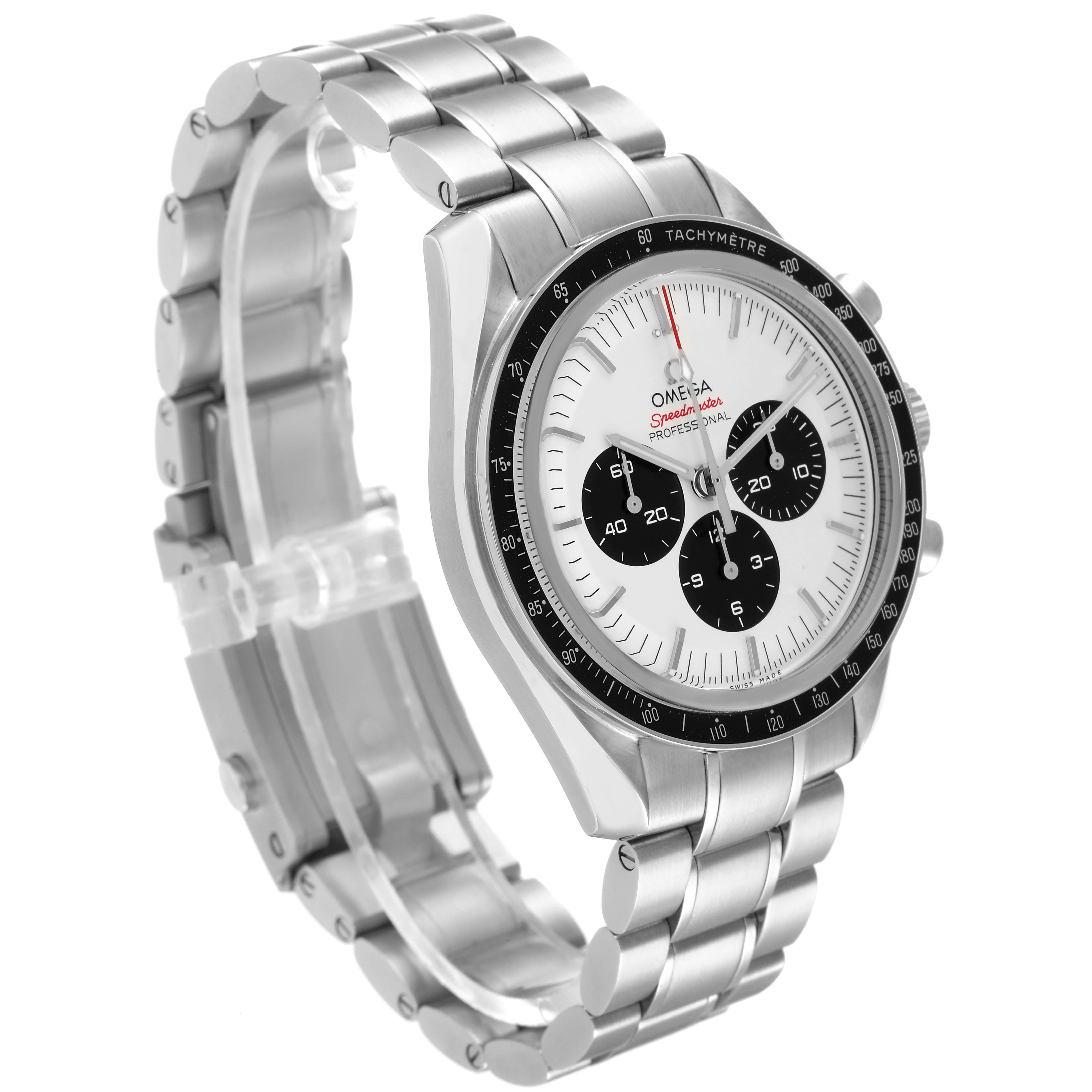 The Omega Speedmaster 522.30.42.30.04.001 Men's Stainless Steel White Dial 522.30.42.30.04.001 Men's Stainless Steel White Dial watch is shown at a three-quarter angle, displaying the face, tachymeter bezel, and stainless steel bracelet.
