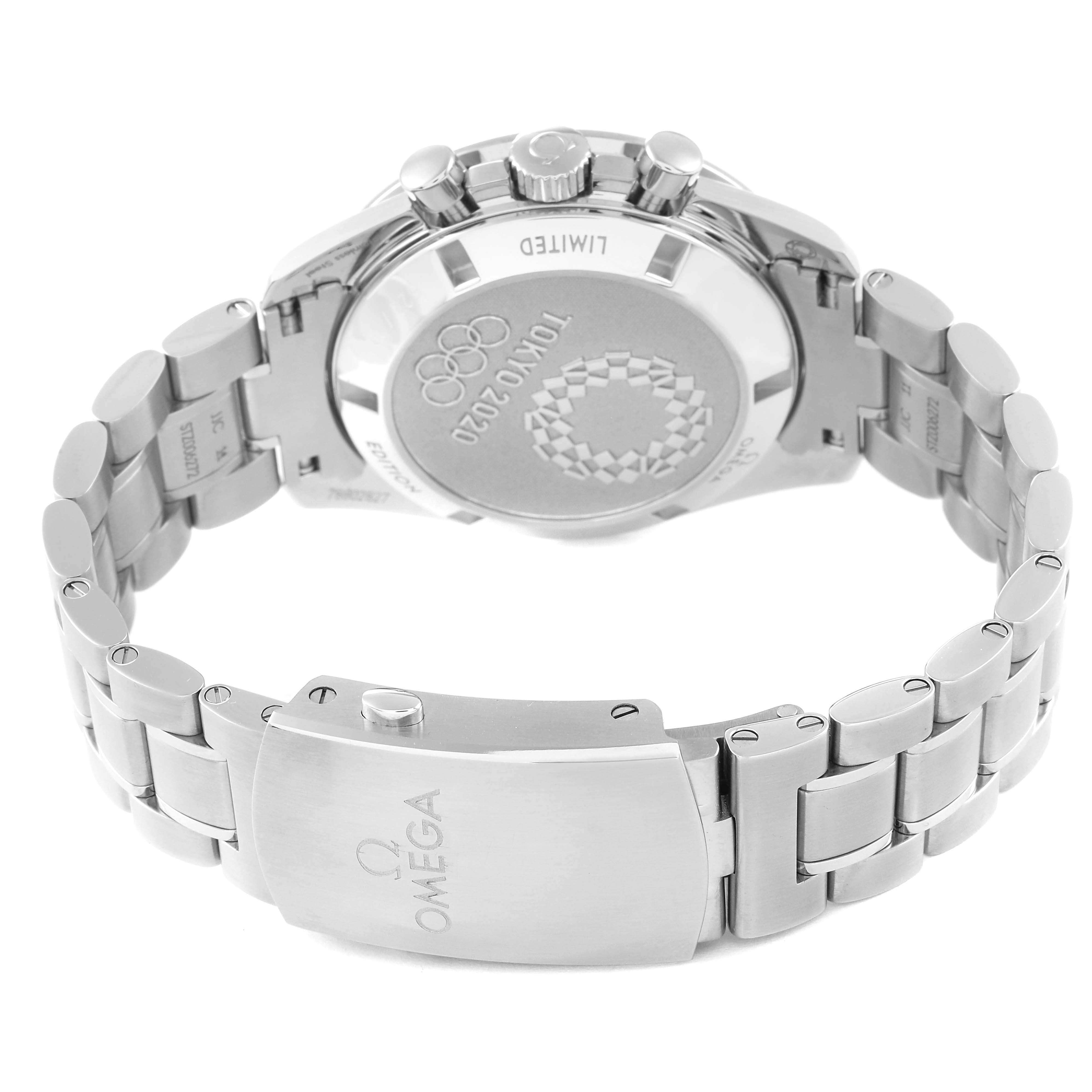 This image shows the back and bracelet of an Omega Speedmaster 522.30.42.30.04.001 Men's Stainless Steel White Dial 522.30.42.30.04.001 Men's Stainless Steel White Dial watch, featuring the clasp and engraved case back.