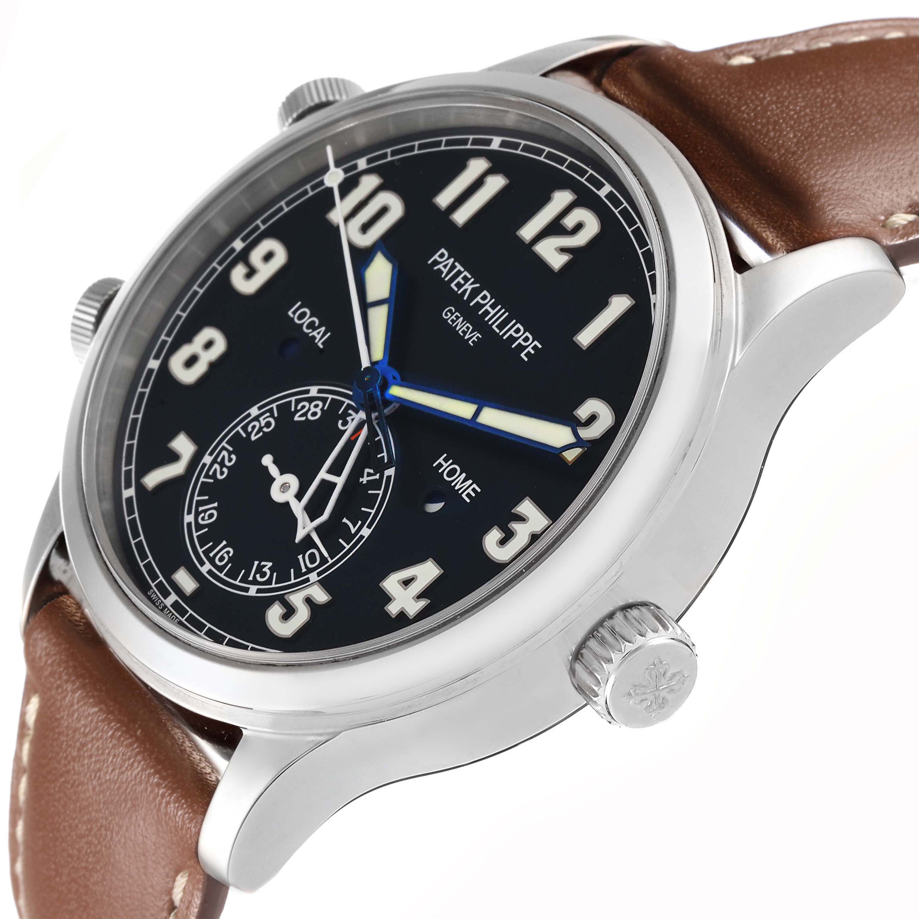 The Patek Philippe Calatrava 5524G Men's White Gold Blue Dial is shown at a slight angle, highlighting the dial, numerals, hands, and part of the leather strap.