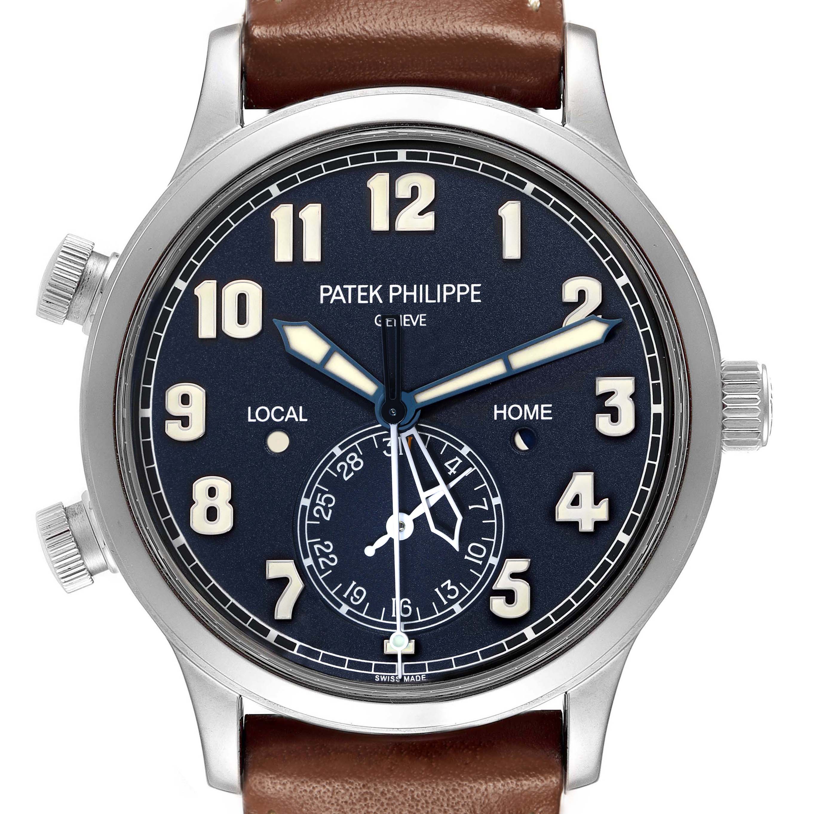 The Patek Philippe Calatrava 5524G Men's White Gold Blue Dial model is shown from a front angle, displaying its face, hands, and crown on a leather strap.
