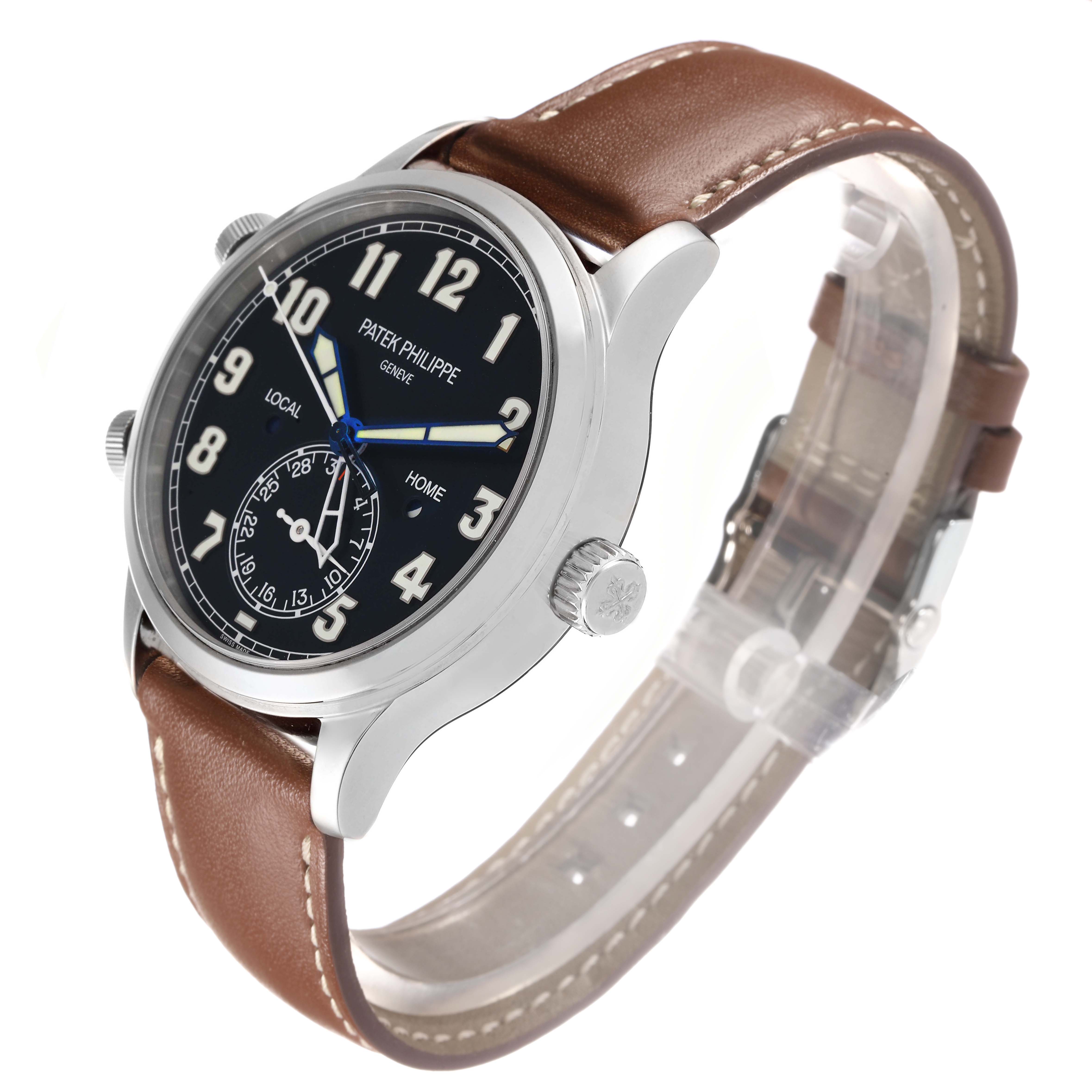 The Patek Philippe Calatrava 5524G Men's White Gold Blue Dial watch is shown at a slight angle displaying the dial, case, crown, and brown leather strap.