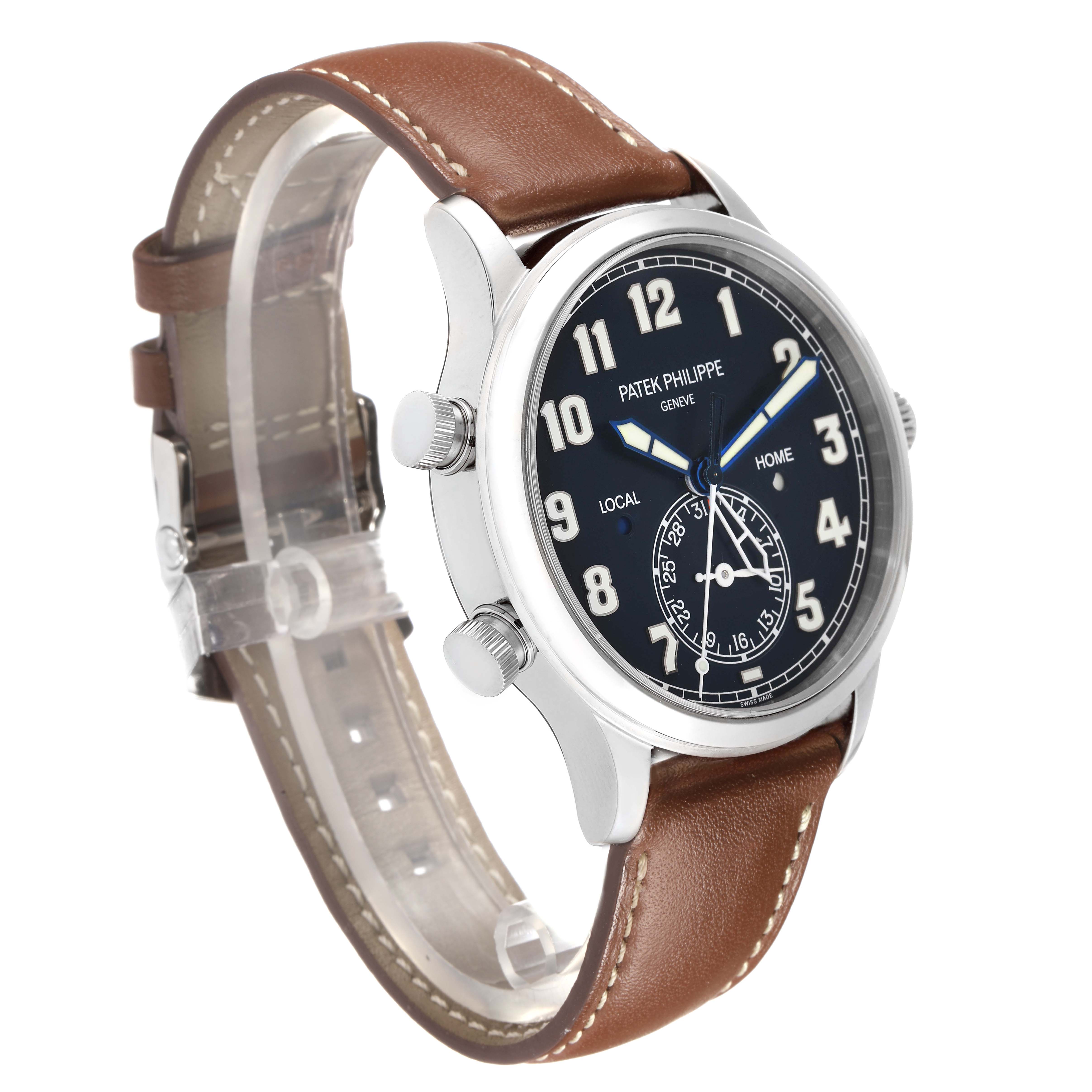 The Patek Philippe Calatrava 5524G Men's White Gold Blue Dial watch is shown at a three-quarter angle, highlighting the dial, case, and leather strap.