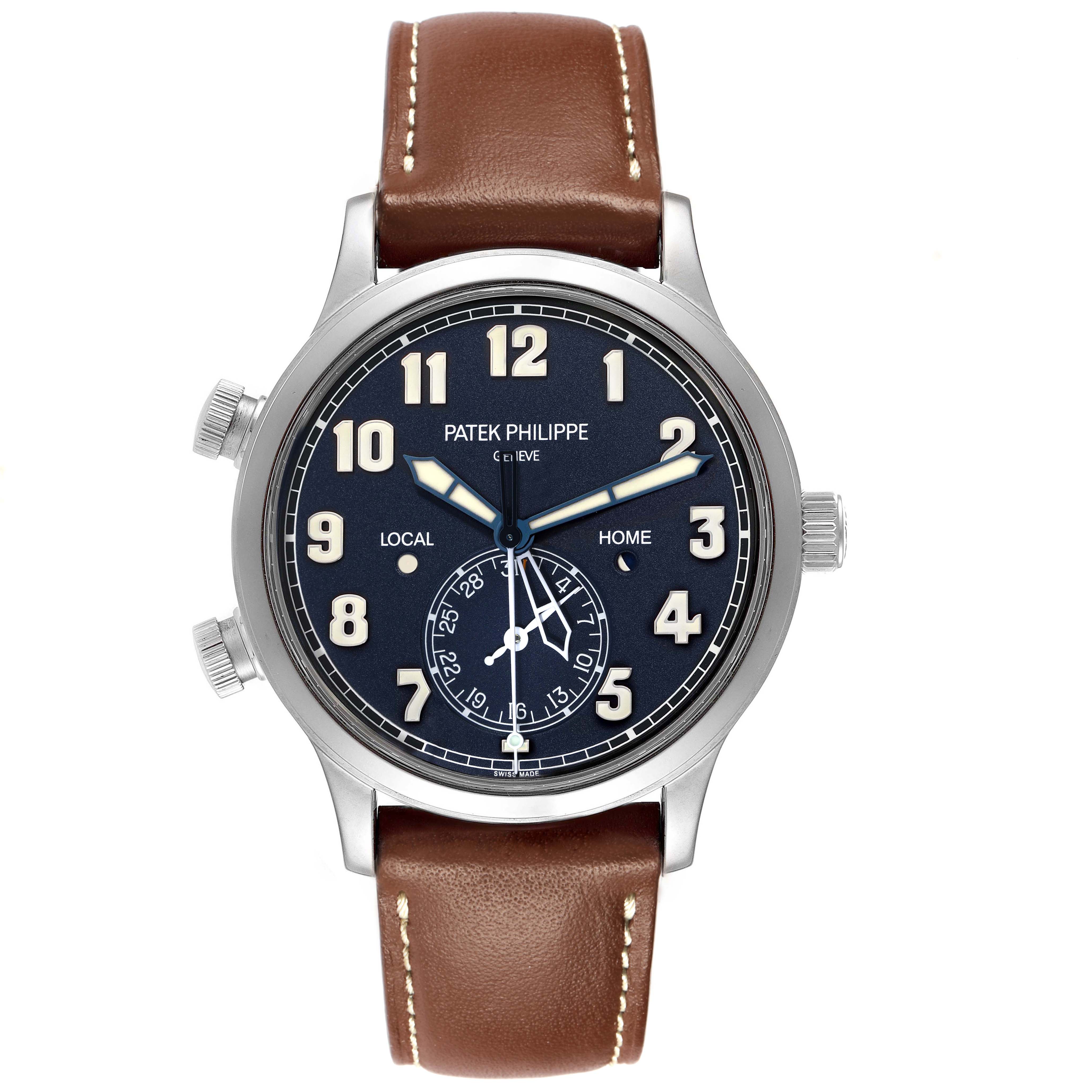 The Patek Philippe Calatrava 5524G Men's White Gold Blue Dial watch is shown from a front angle, displaying its dial, hands, numerals, crown, and leather strap.