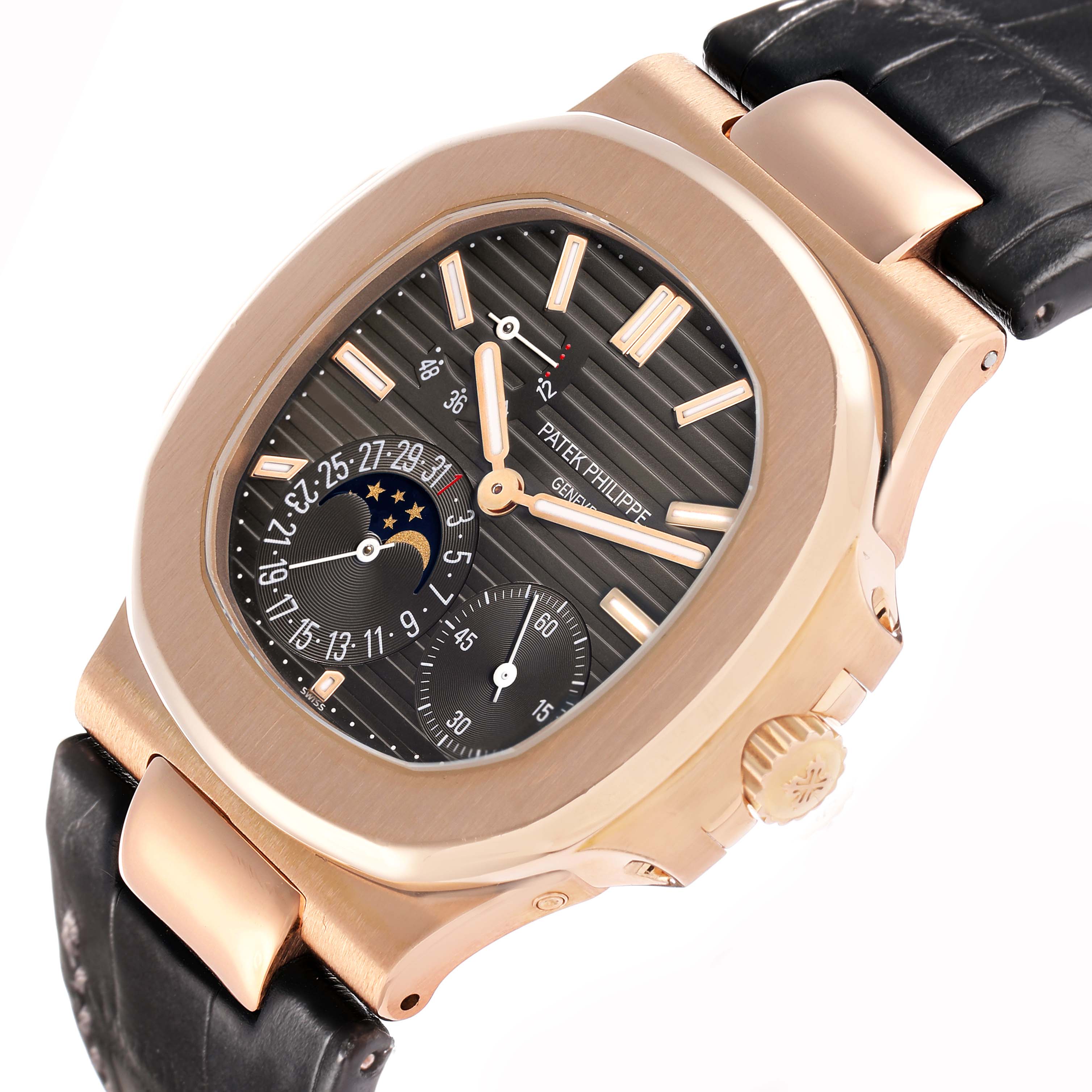 The Patek Philippe Nautilus 5712R-001 Men's Rose Gold Brown Dial watch is shown at an angle highlighting the dial, moon phase, and side crown.