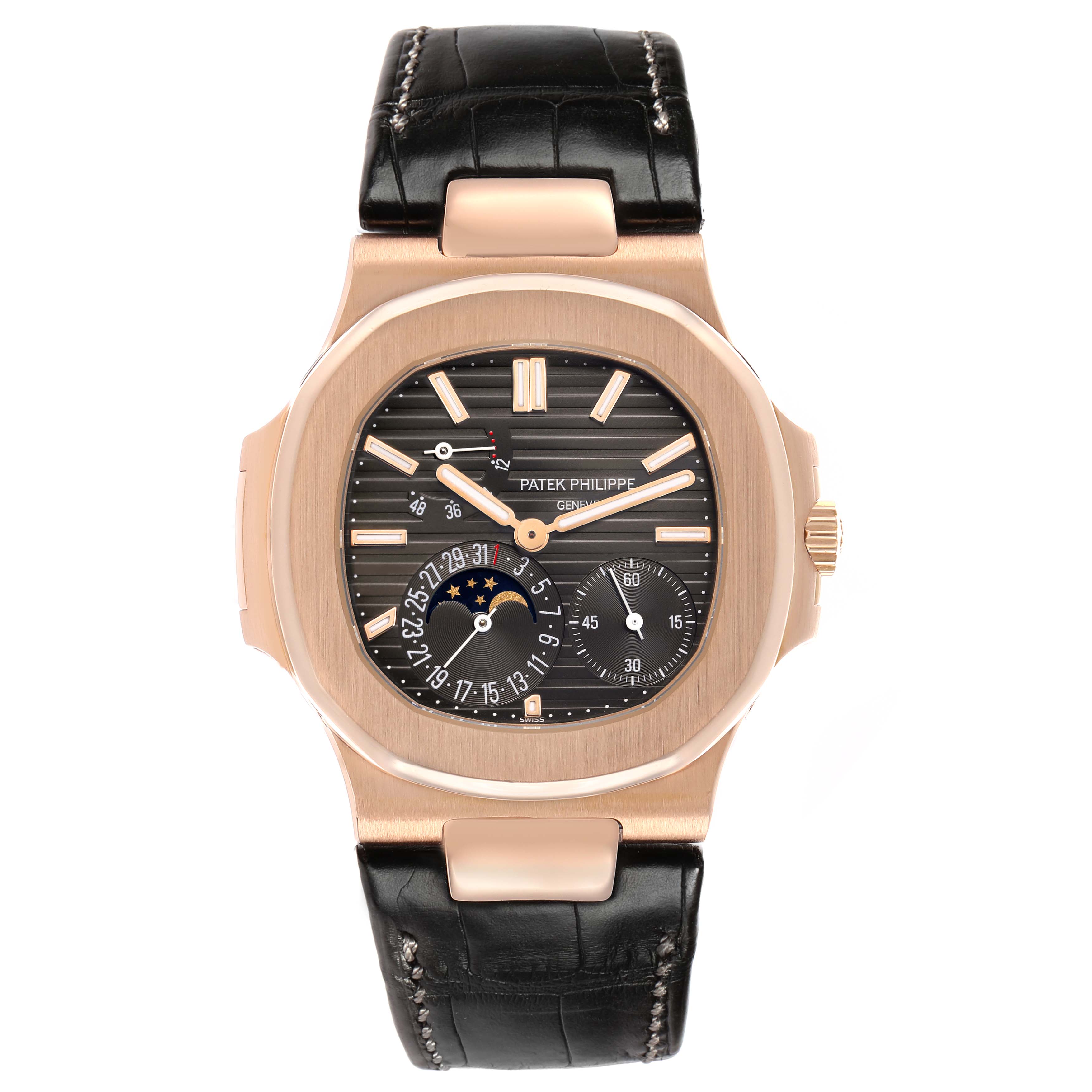 The Patek Philippe Nautilus 5712R-001 Men's Rose Gold Brown Dial watch is shown from a frontal angle, highlighting the face, case, and leather strap.