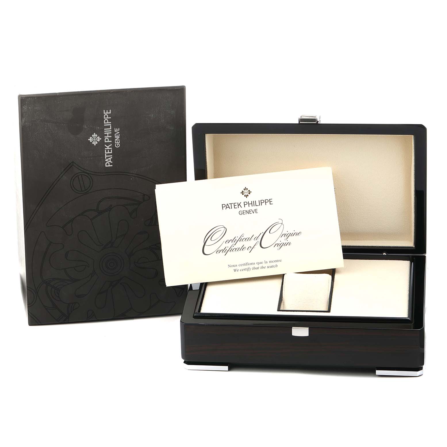 The image shows a Patek Philippe Nautilus 5712R-001 Men's Rose Gold Brown Dial presentation box, certificate of origin, and outer packaging from a front angle.