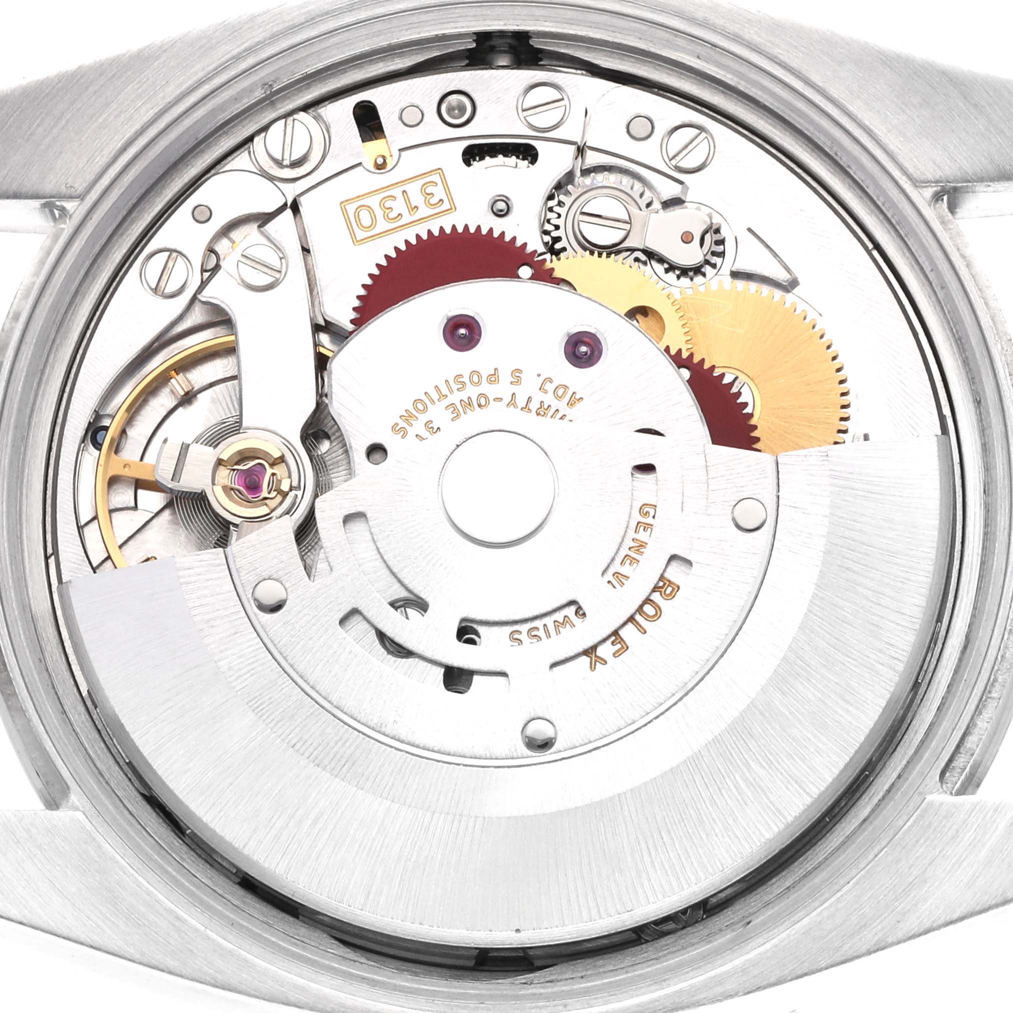 The image shows the movement of a Rolex Air-King 114200 Men's Stainless Steel Blue Dial watch, viewed from the back, revealing gears and intricate components.