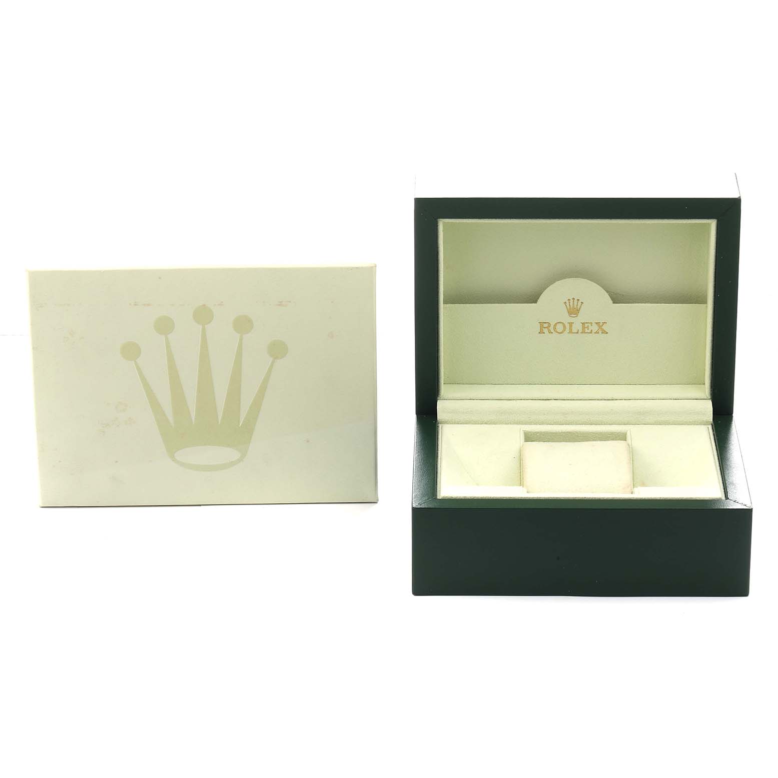 The image shows an open Rolex Air-King 114200 Men's Stainless Steel Blue Dial watch box and outer box from a front angle, displaying inner compartments.