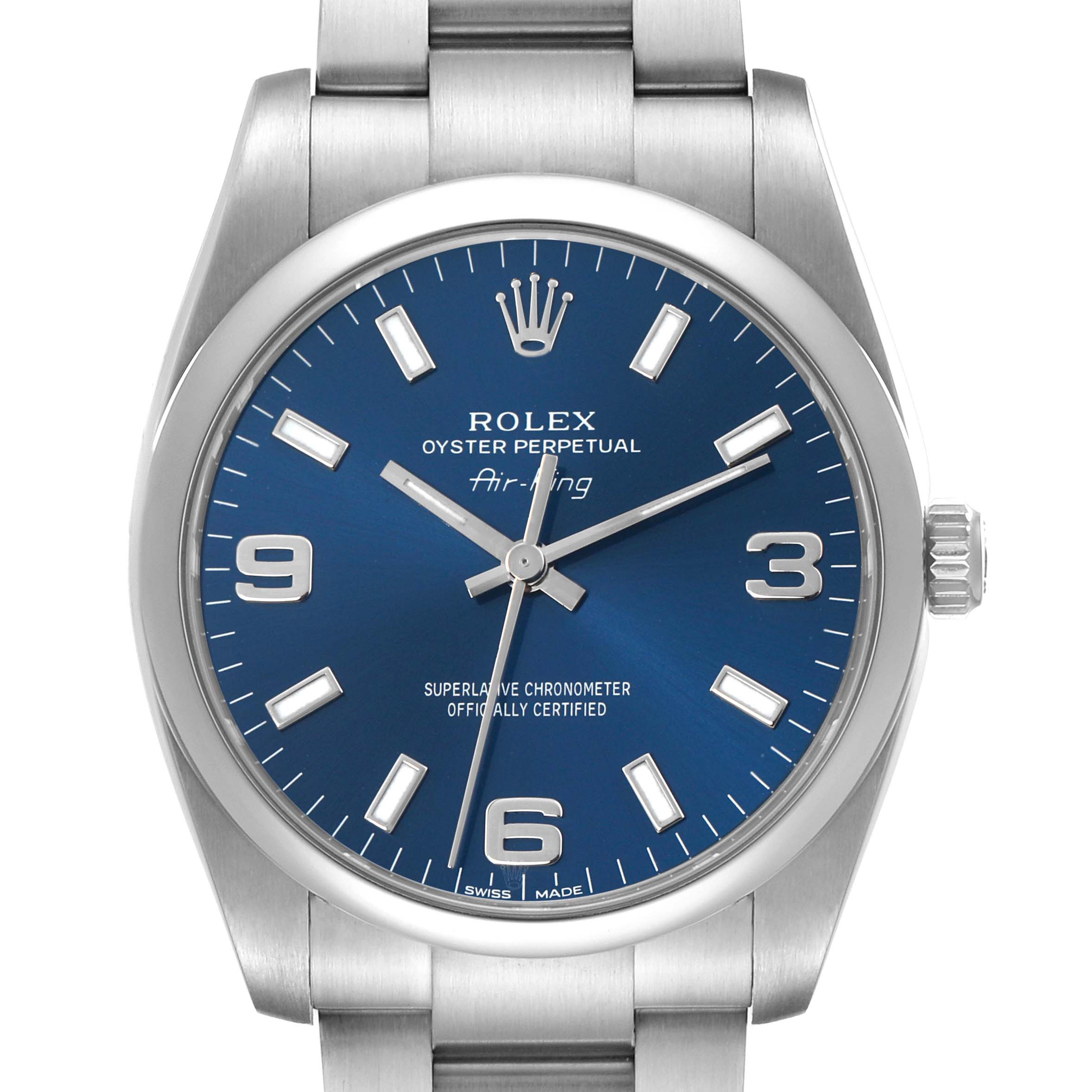 The Rolex Air-King 114200 Men's Stainless Steel Blue Dial watch is shown from the front, displaying the face, bracelet, and crown.