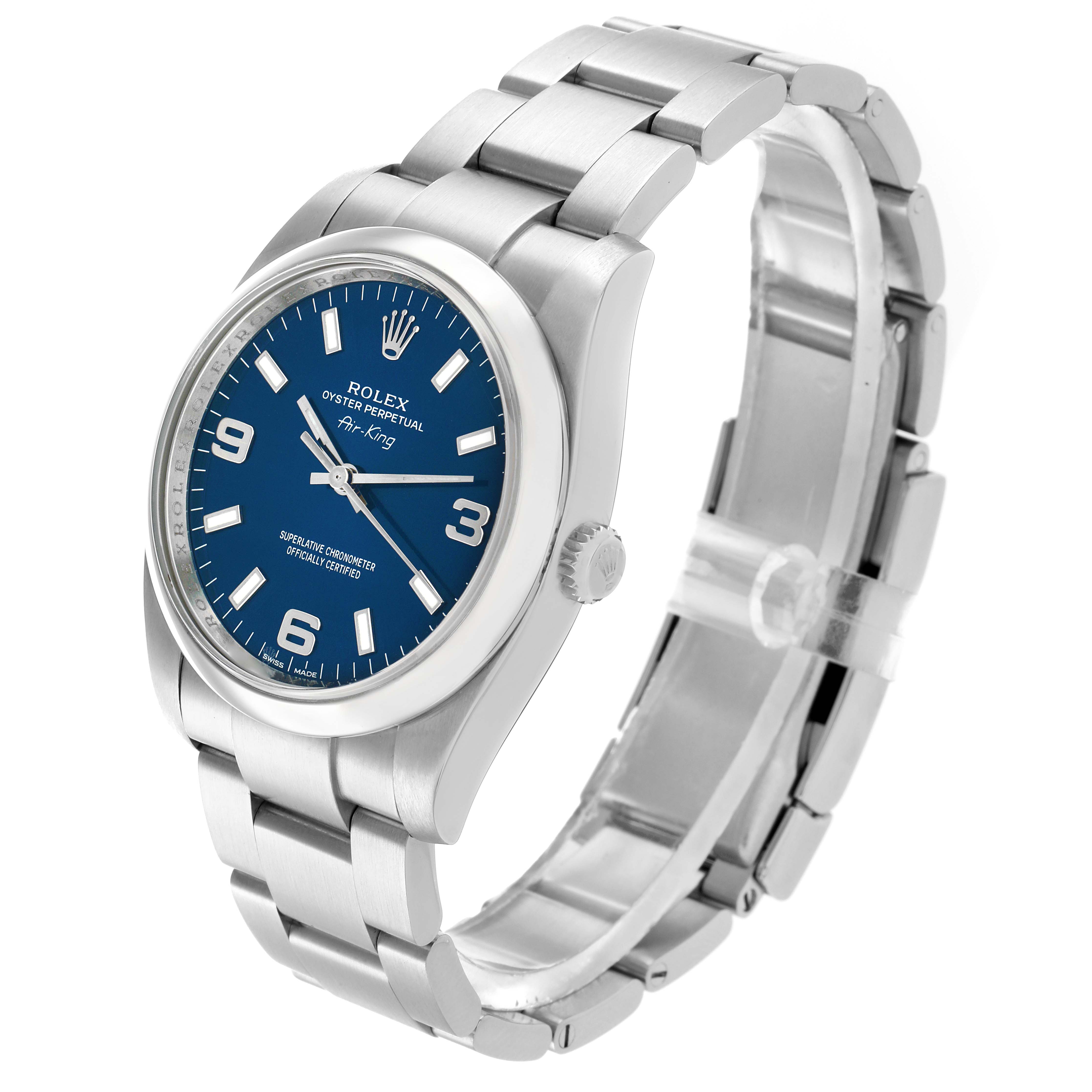 The Rolex Air-King 114200 Men's Stainless Steel Blue Dial watch is shown at an oblique angle, displaying the face, crown, and stainless steel bracelet.