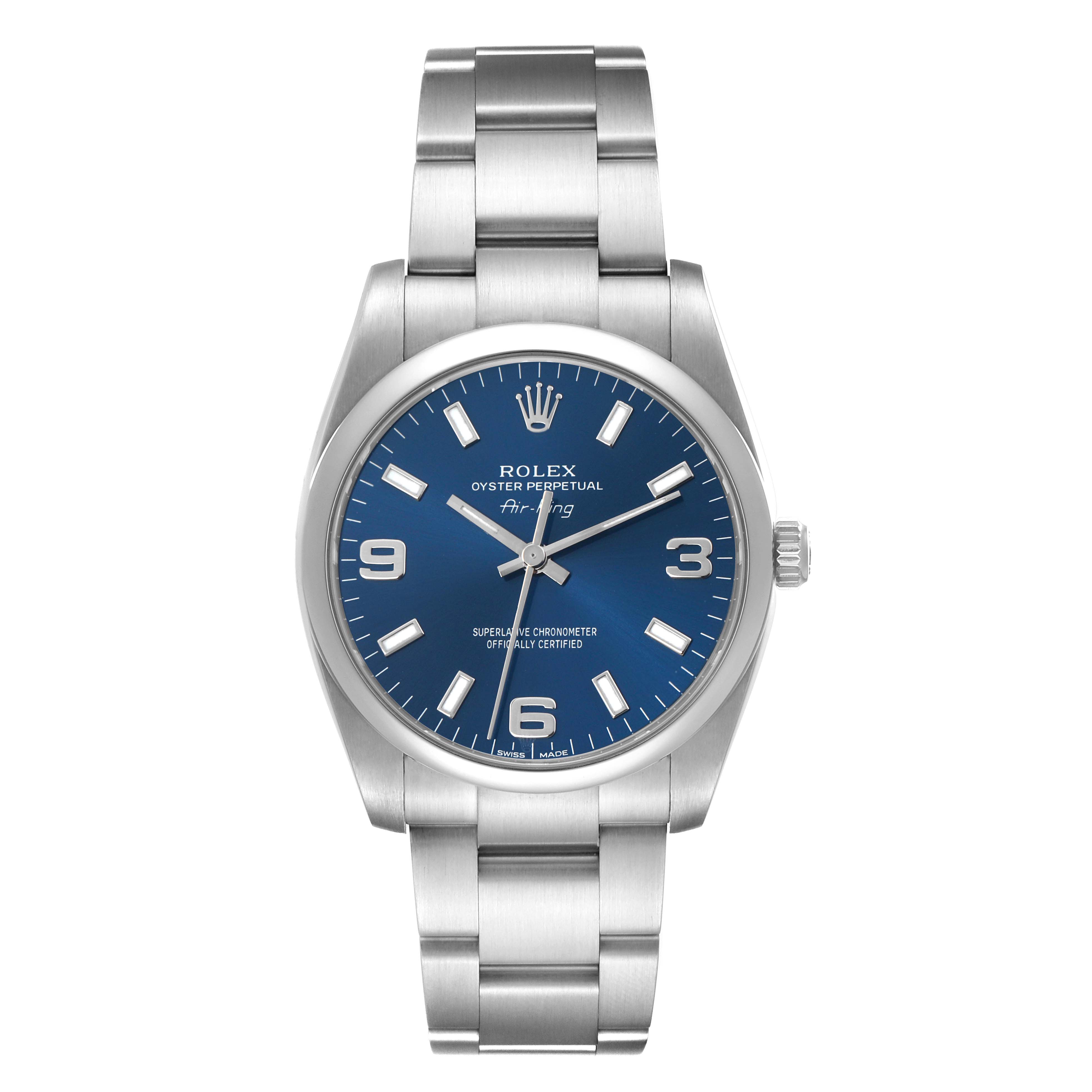 The Rolex Air-King 114200 Men's Stainless Steel Blue Dial watch is shown from the front, displaying the face, bezel, and bracelet.