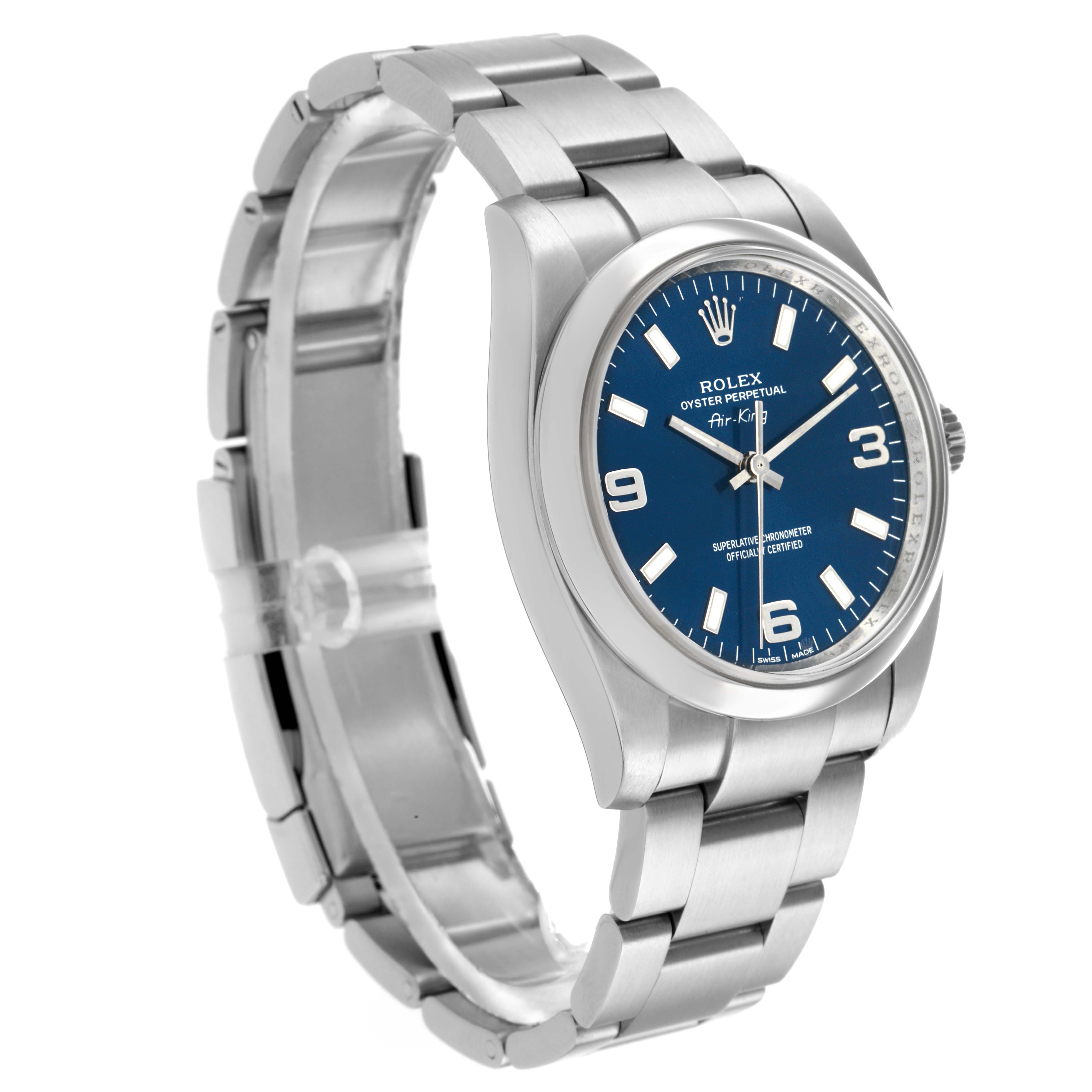 The Rolex Air-King 114200 Men's Stainless Steel Blue Dial watch is shown at a slight angle, highlighting its blue dial, bezel, case, and bracelet.