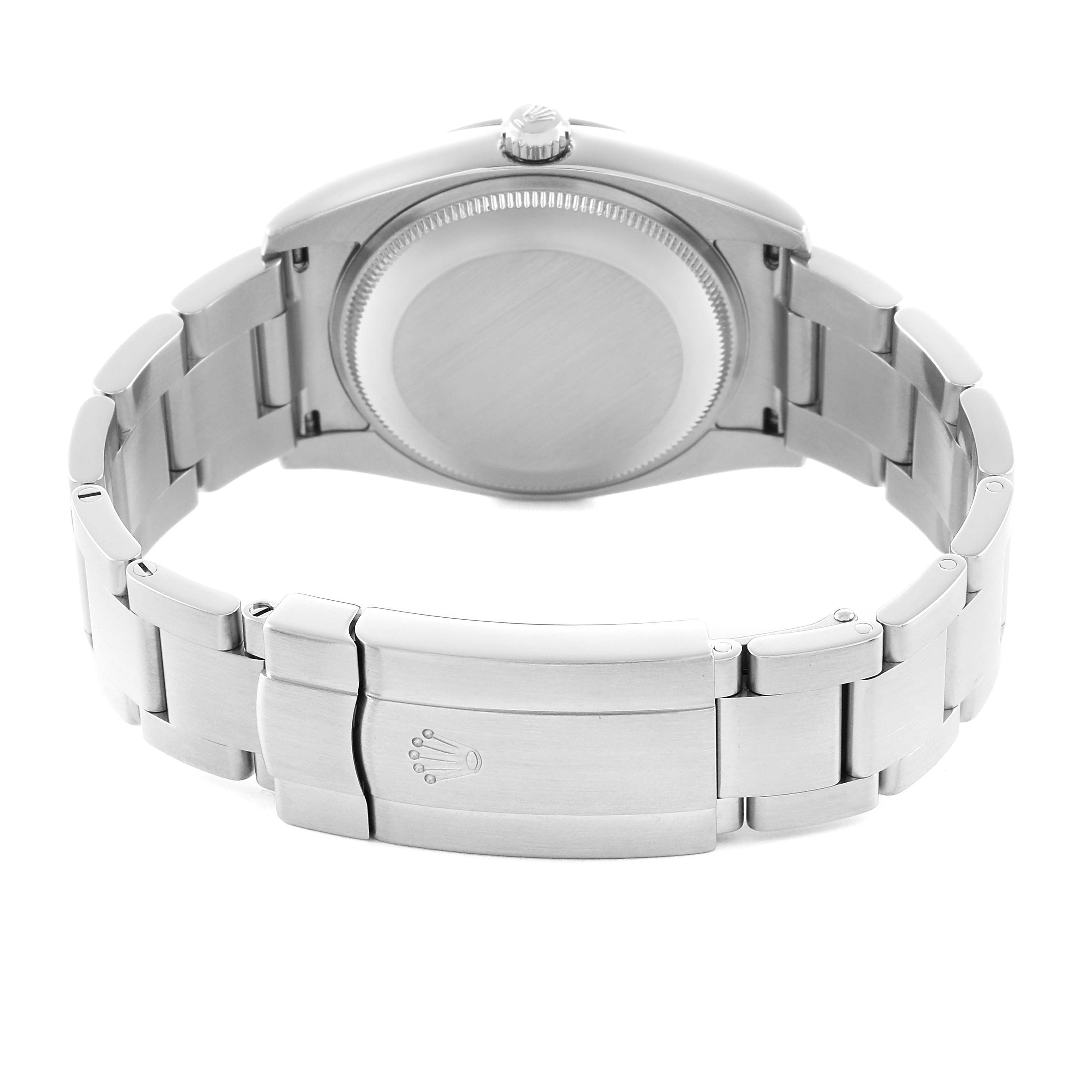 The image shows the back and bracelet of a Rolex Air-King 114200 Men's Stainless Steel Blue Dial watch, featuring the clasp and case back.