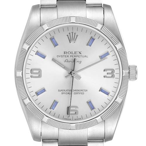 Photo of Rolex Air King Steel Silver Dial Blue Markers Mens Watch 114210