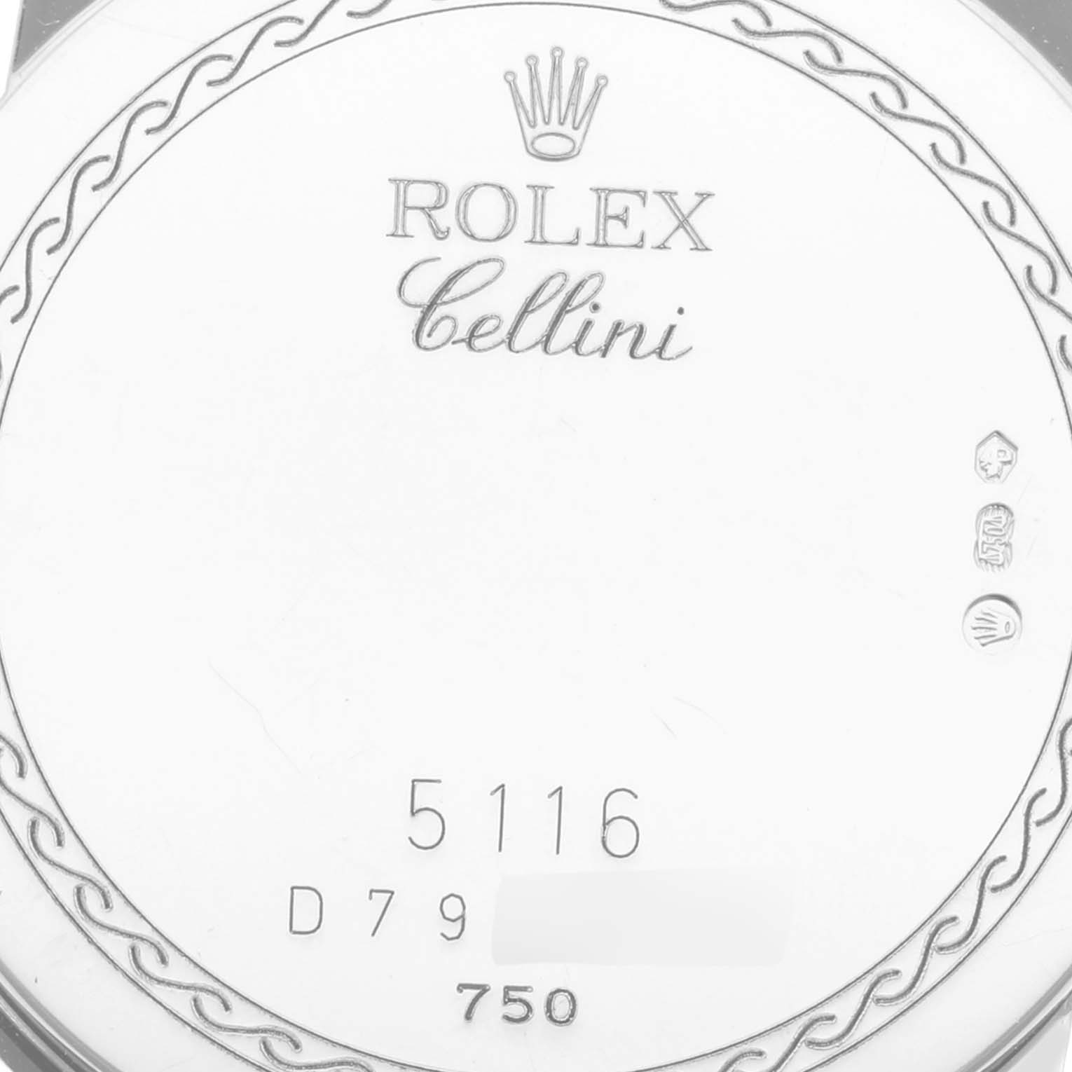 This is a close-up image of the back of a Rolex Cellini 5116 Men's White Gold Grey Dial 5116 Men's White Gold Grey Dial watch, showing the model number and hallmarks.