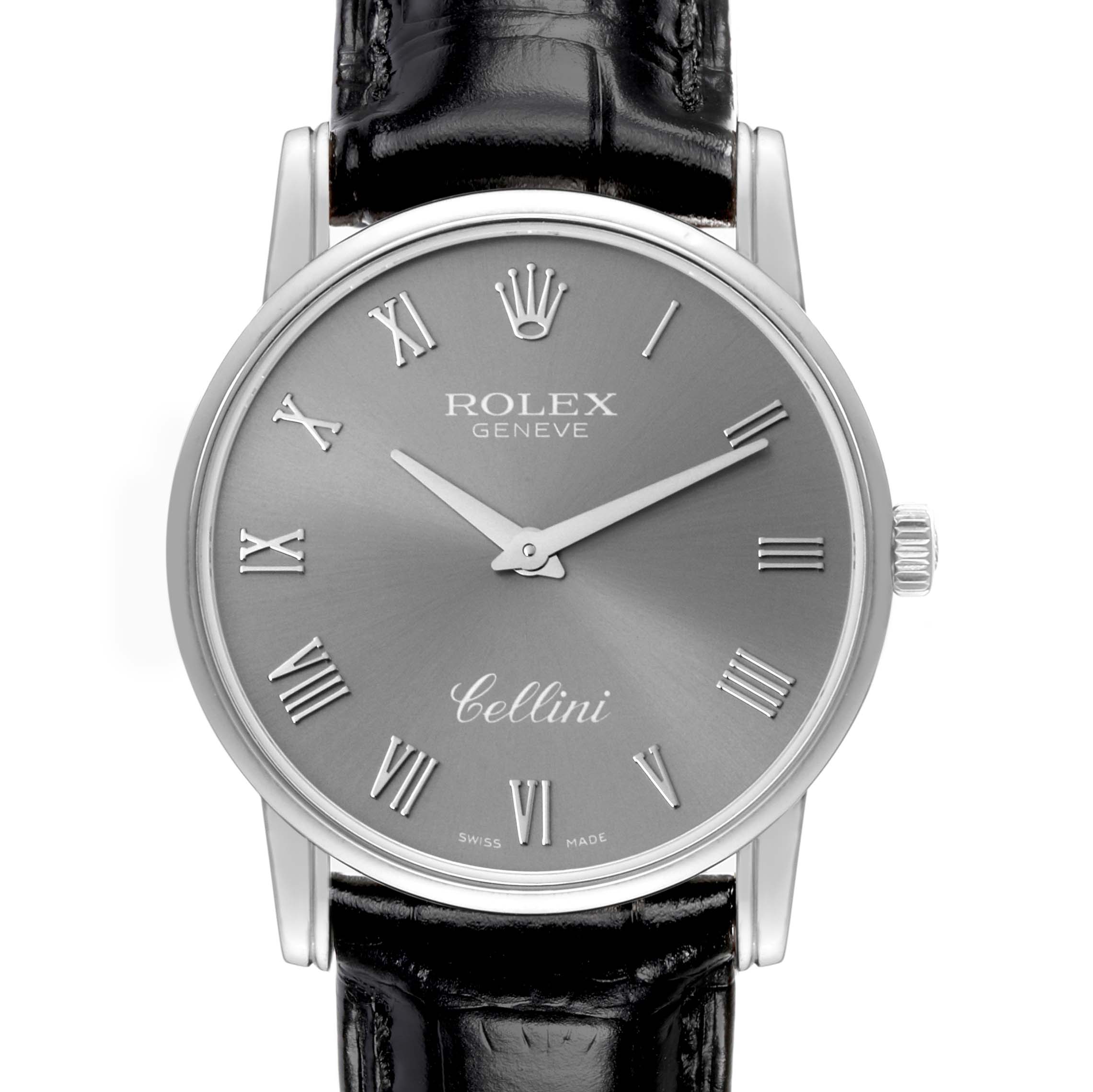 A front-facing view of the Rolex Cellini 5116 Men's White Gold Grey Dial 5116 Men's White Gold Grey Dial watch showing the dial, hands, Roman numeral markers, and part of the leather strap.