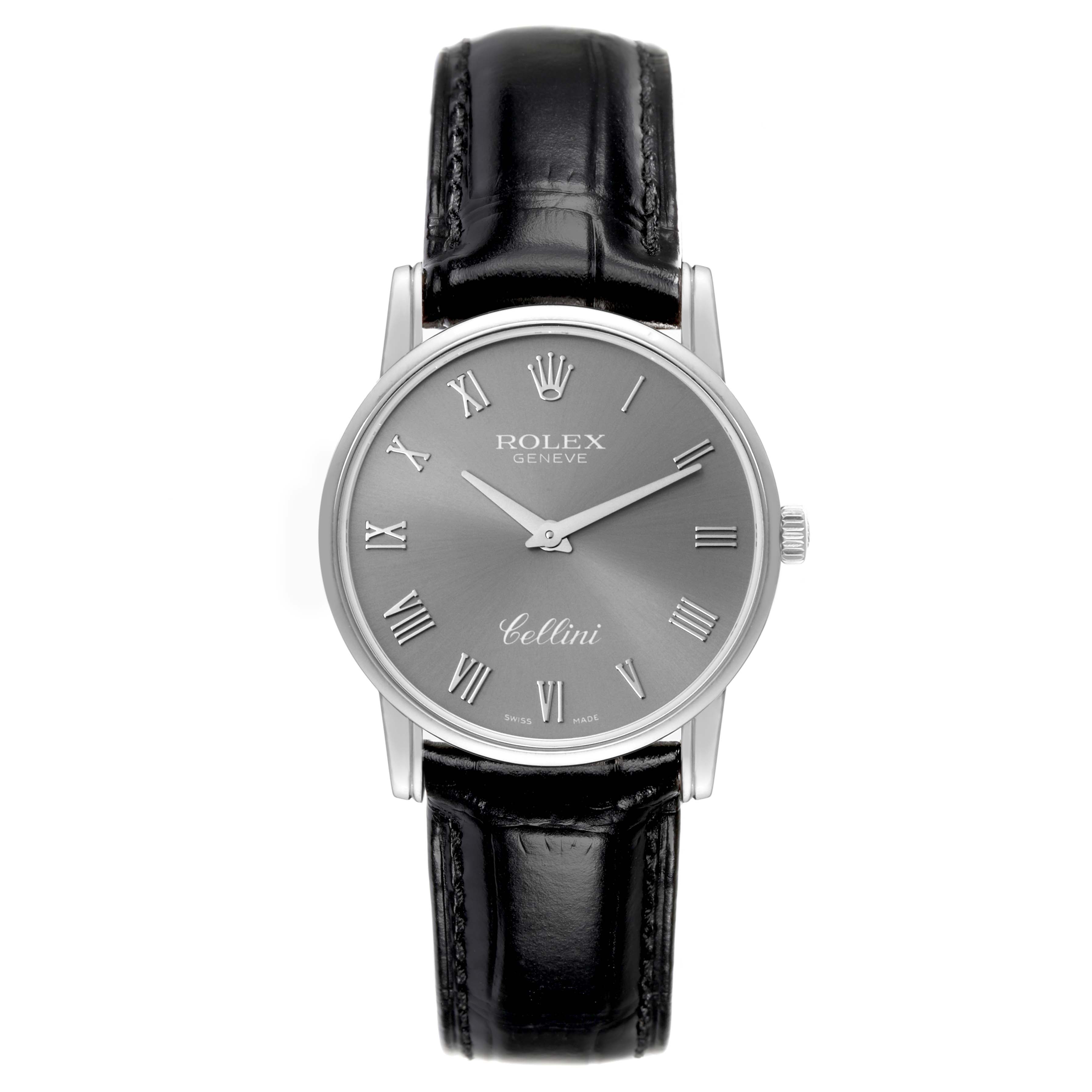 This image displays a frontal view of a Rolex Cellini 5116 Men's White Gold Grey Dial 5116 Men's White Gold Grey Dial watch, featuring a black leather strap and a grey dial with Roman numerals.