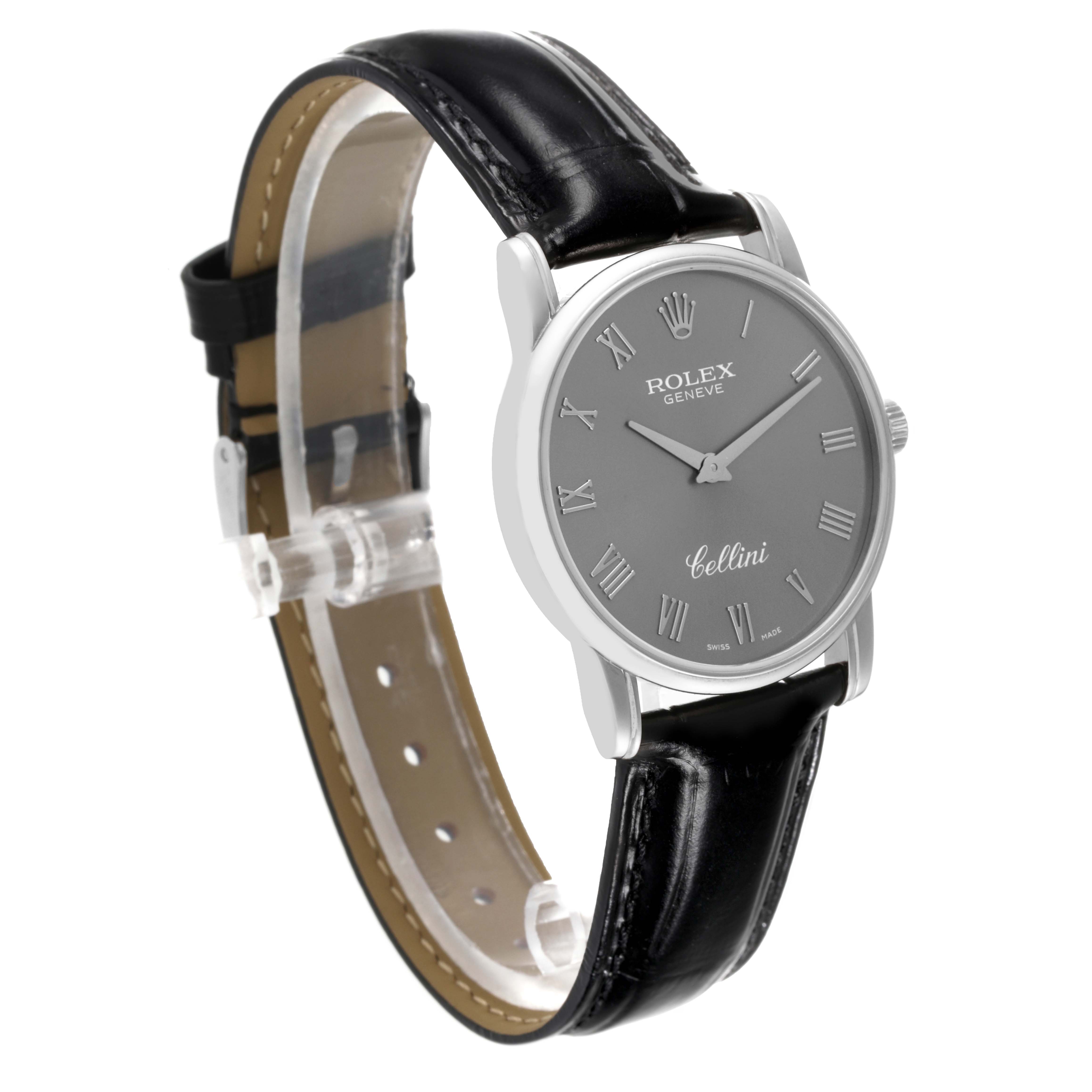 This image shows a Rolex Cellini 5116 Men's White Gold Grey Dial 5116 Men's White Gold Grey Dial watch at a slight angle, highlighting the face, case, and black leather strap.