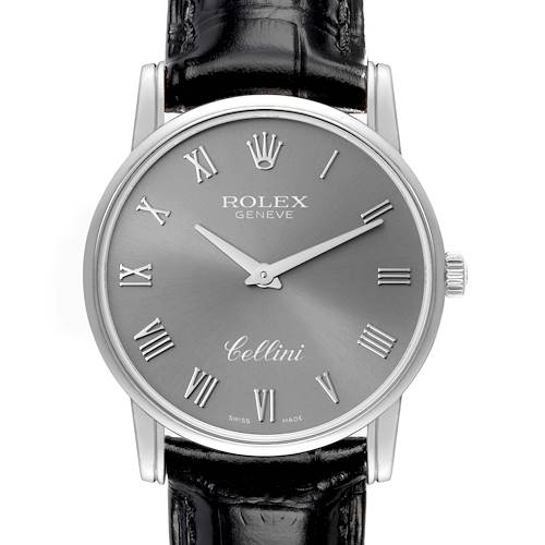 The image shows a frontal view of a Rolex Cellini watch, including its dial, case, and part of the leather strap.