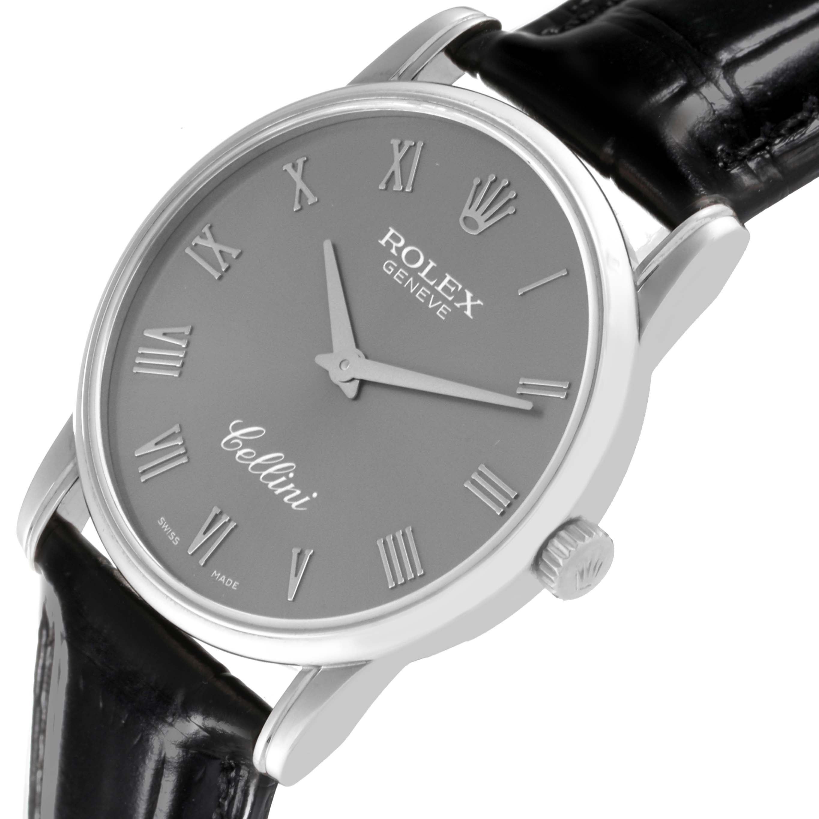 This Rolex Cellini 5116 Men's White Gold Grey Dial 5116 Men's White Gold Grey Dial watch is shown from an angled view, highlighting the dial, crown, and part of the leather strap.