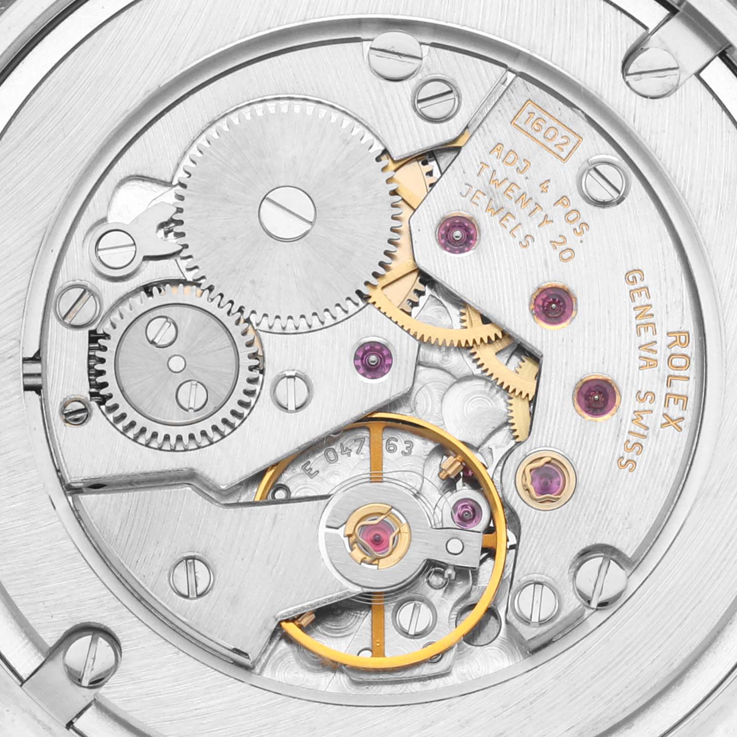 This is a close-up view of the movement mechanism of a Rolex Cellini 5116 Men's White Gold Grey Dial 5116 Men's White Gold Grey Dial watch.